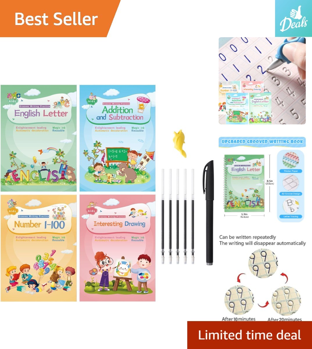 Magic Ink Handwriting Set for Children – Reusable Copybooks with Silicone Grip