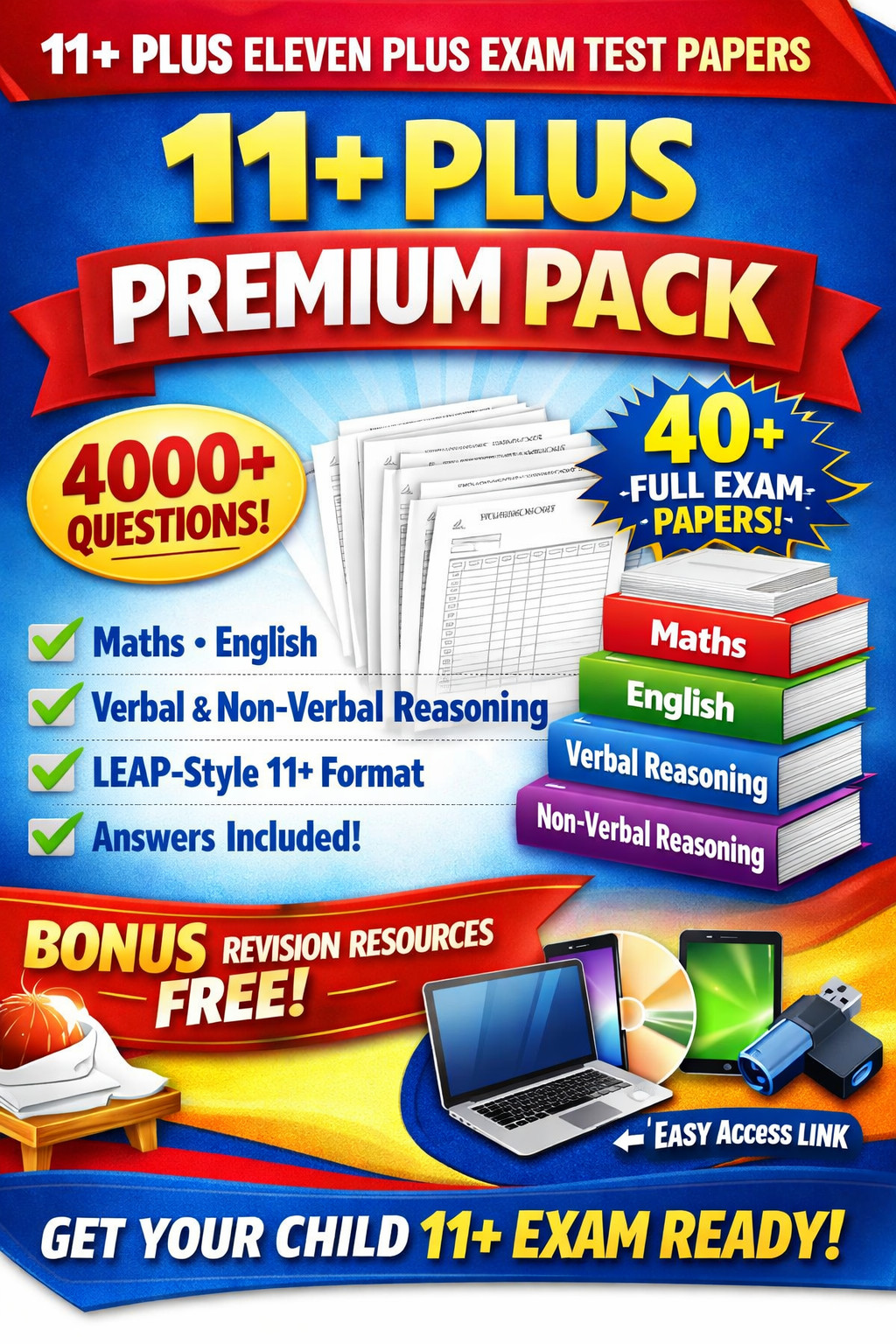 11+ PLUS ELEVEN PLUS EXAM TEST PAPERS MATHS ENGLISH VR NVR – 4000 QUESTIONS