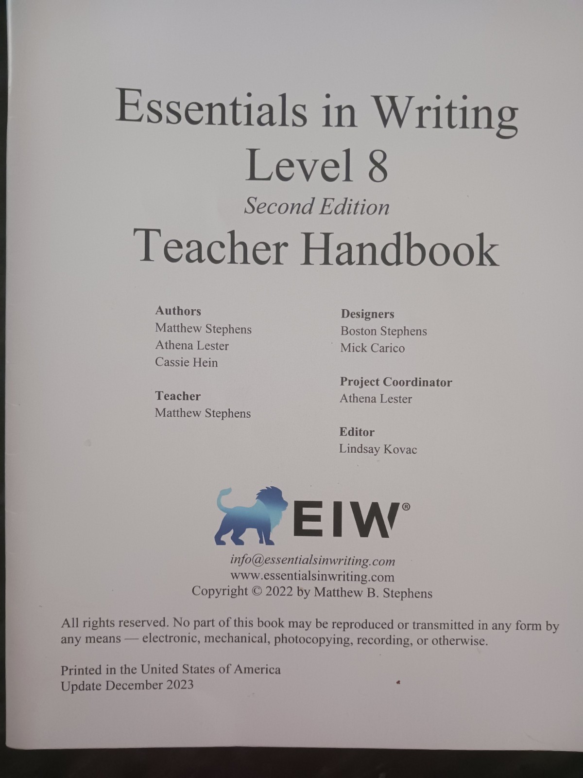 Essential In Writing Level 8 Second Edition Teacher Handbook