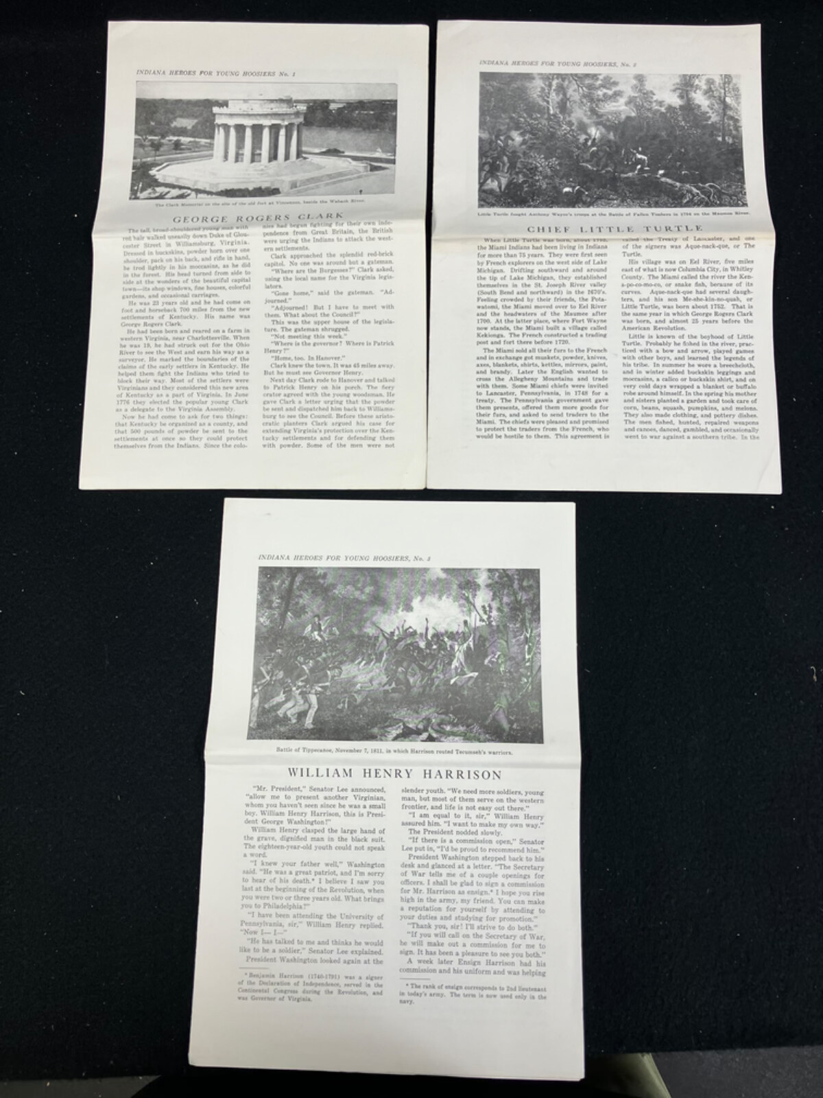 VINTAGE INDIANA HEROES FOR YOUNG HOOSIERS NO.1, NO.2, NO.3. 6 PAGES EACH