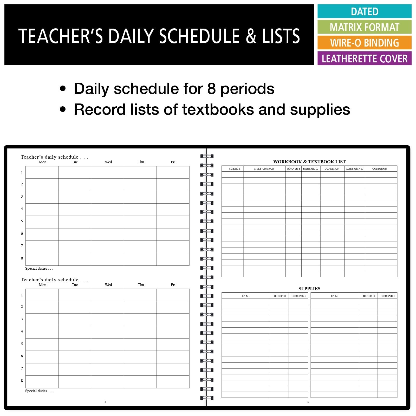 Dated Teacher Lesson Planner 2026-2027, 6 Periods, Vertical Layout, Black Cover