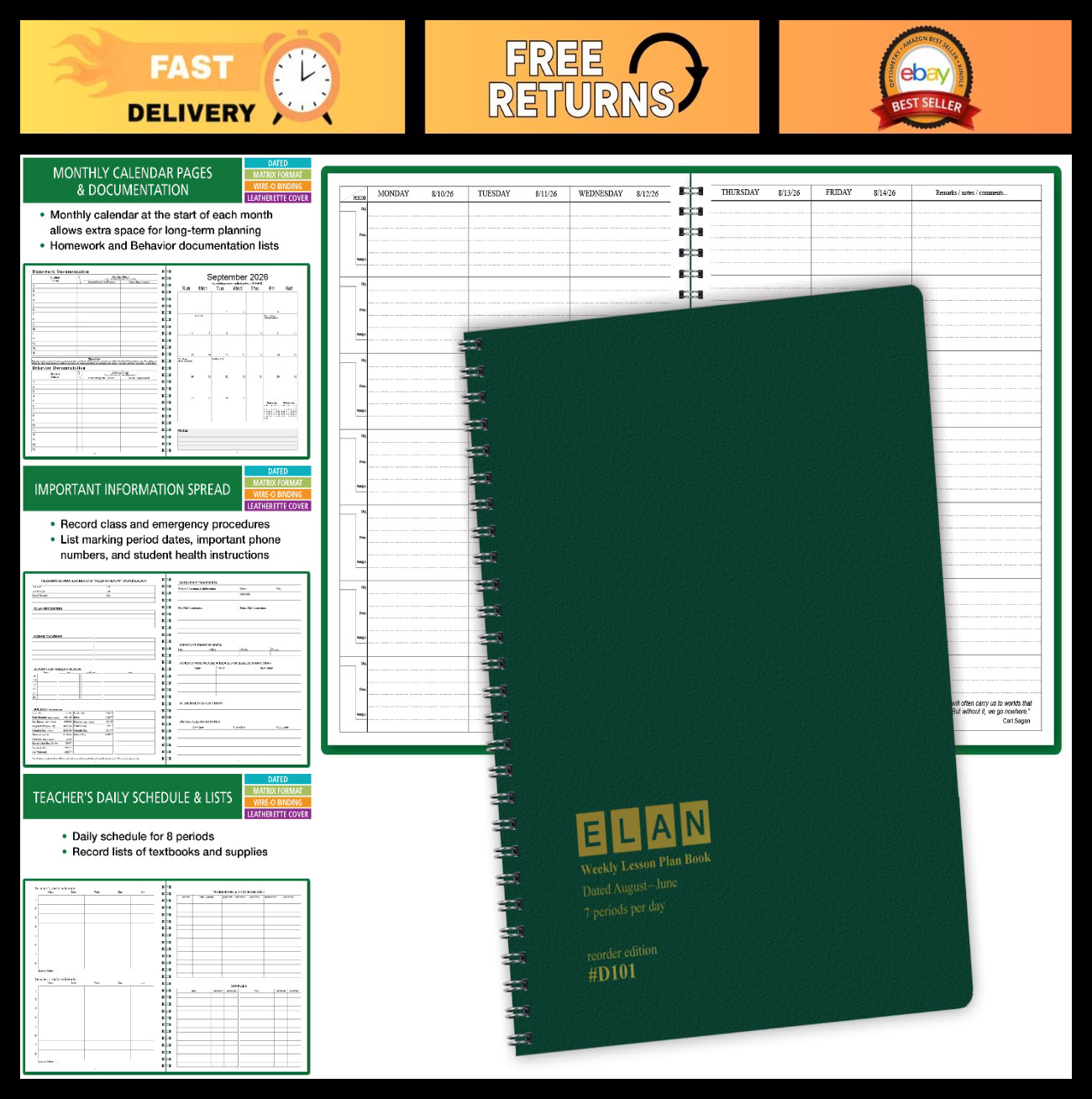 Dated Teacher Lesson Plan Planner 2026-2027 | 7 Periods | Horizontal Layout, Gre