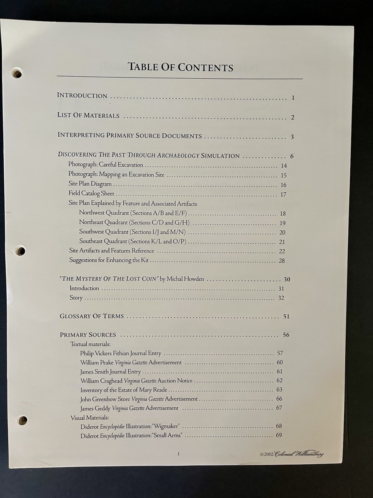 Colonial Williamsburg Archeology Classroom Simulation Printed Teacher Guide
