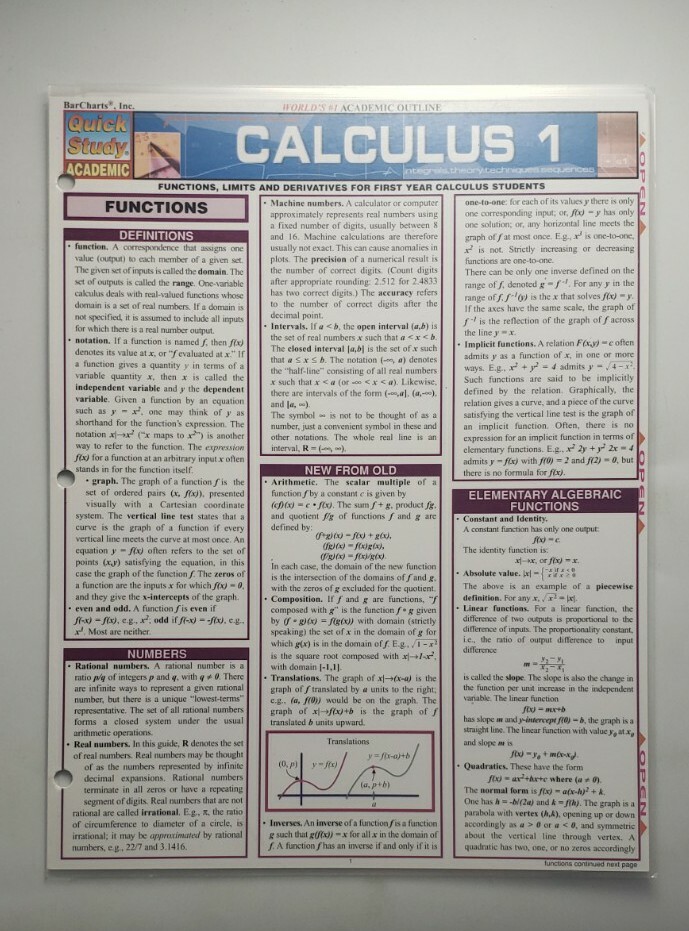 Quick Study Bar Chart: Calculus Laminated Study Guide; Boost Grades