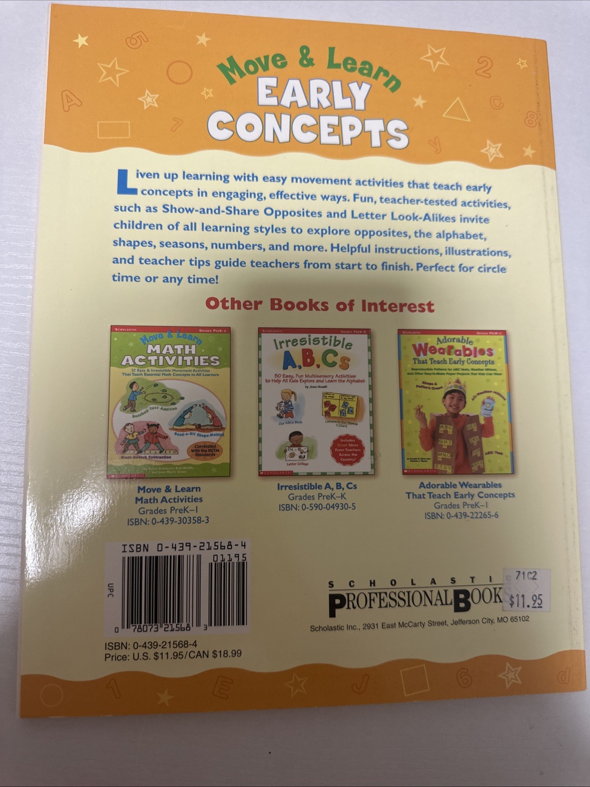 Move & Learn Early Concepts by Beth Lipton Scholastic PreK–1 Activity Book -Used