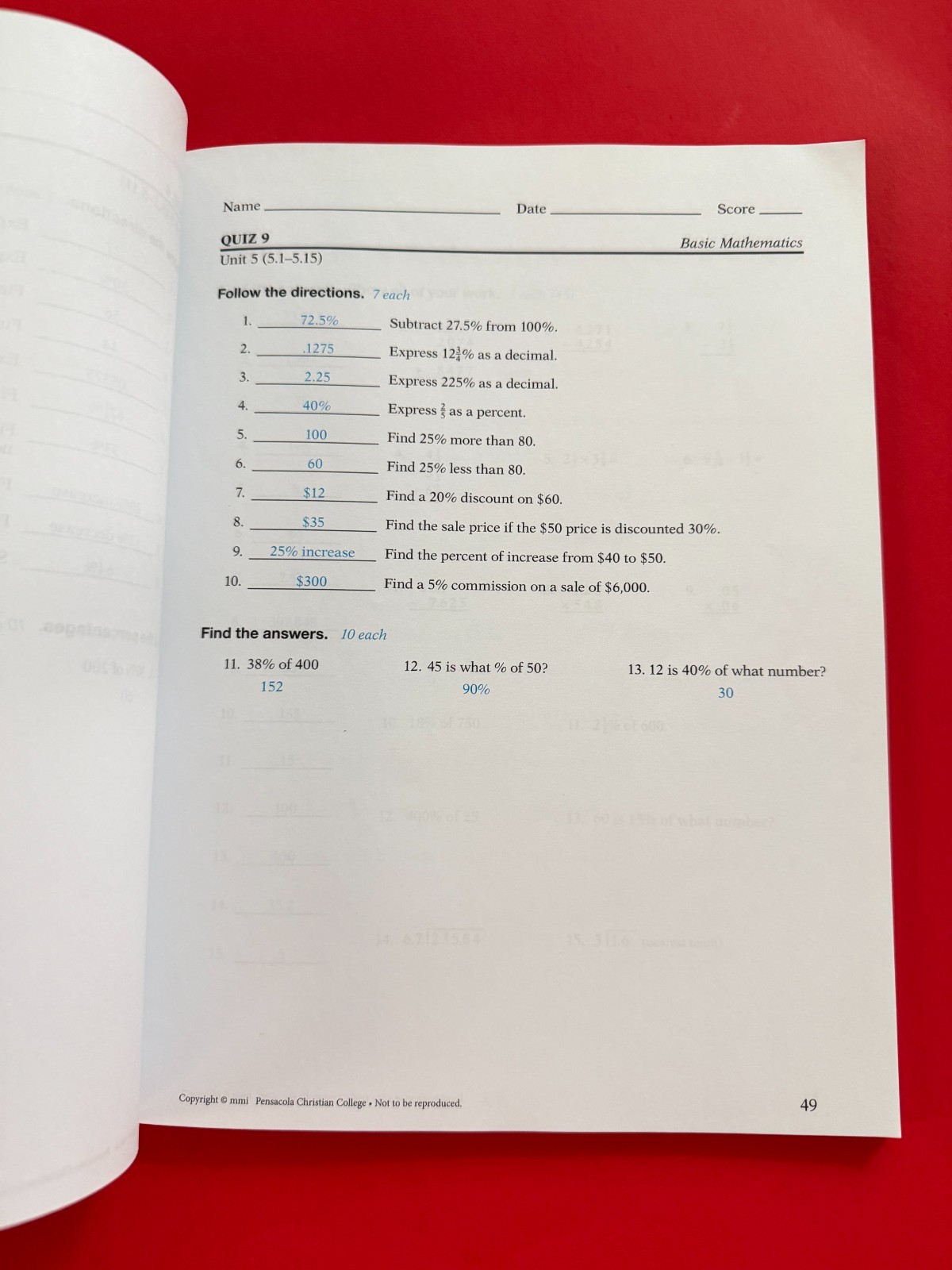 Abeka Basic Mathematics Student Quiz/Test Book + Teacher Quiz/Test Key 2019