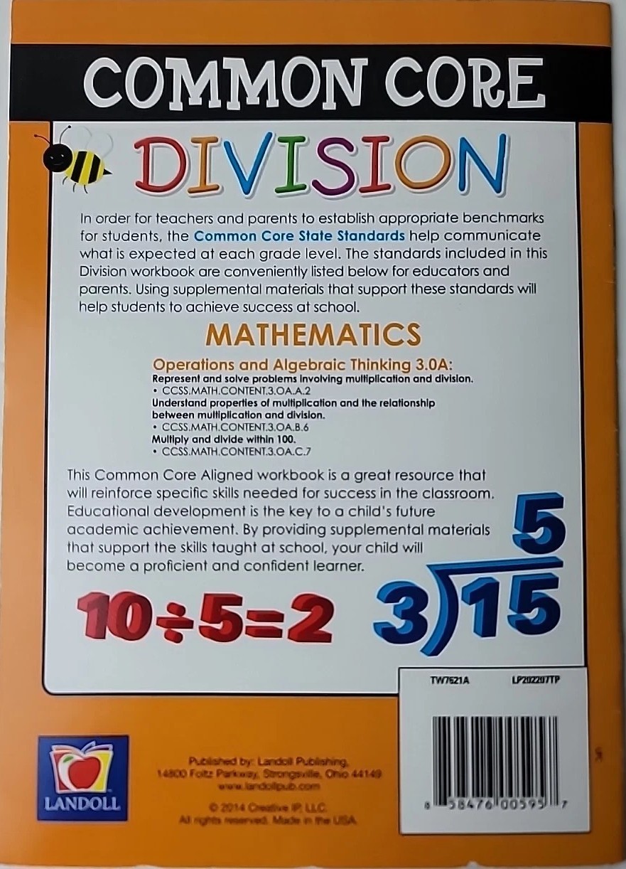 Common Core Landoll Division Math Skill Workbook Third Grade Educational New
