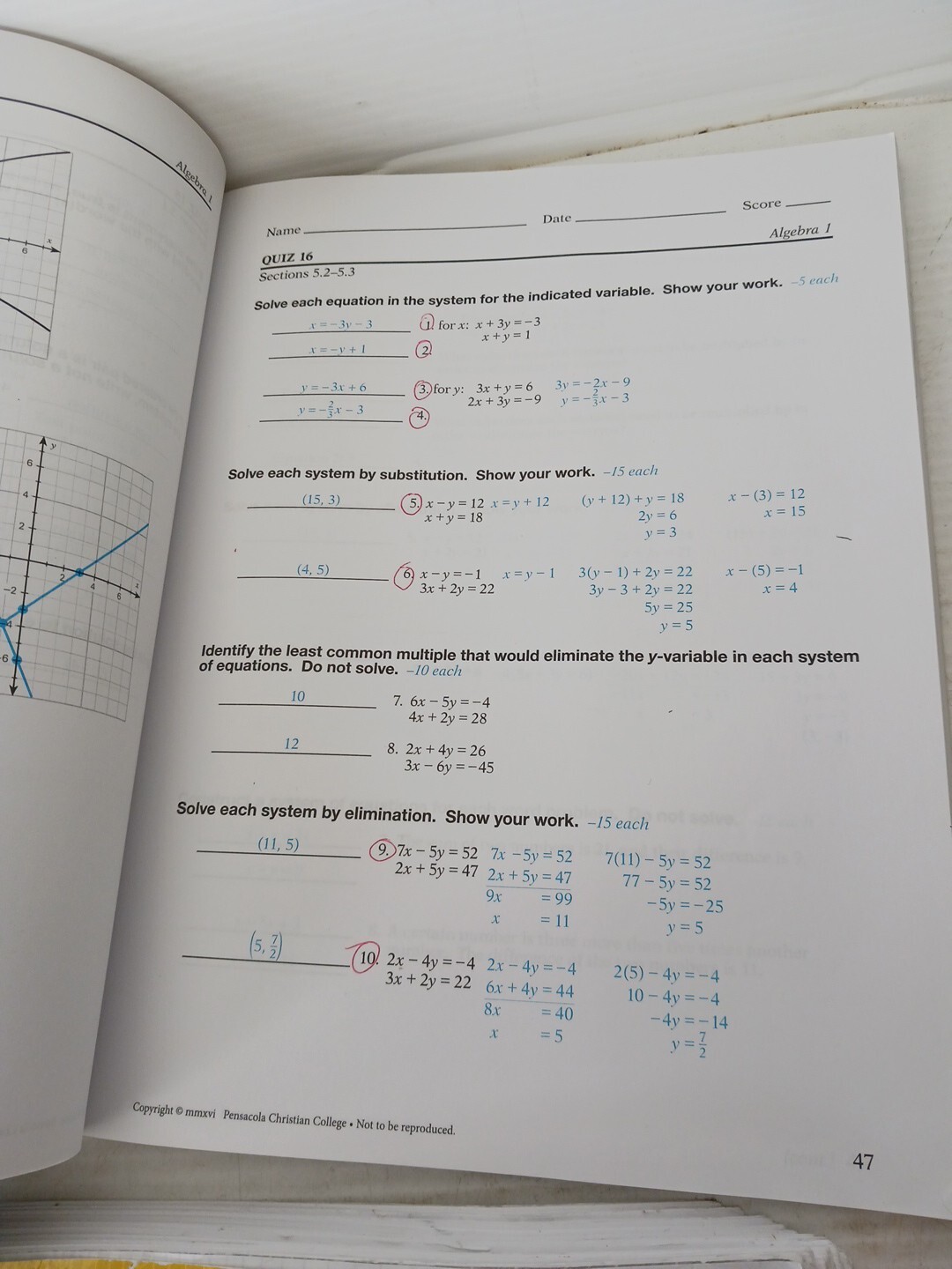 A Beka Book Algebra 1 Solution Key & Test/Quiz Key