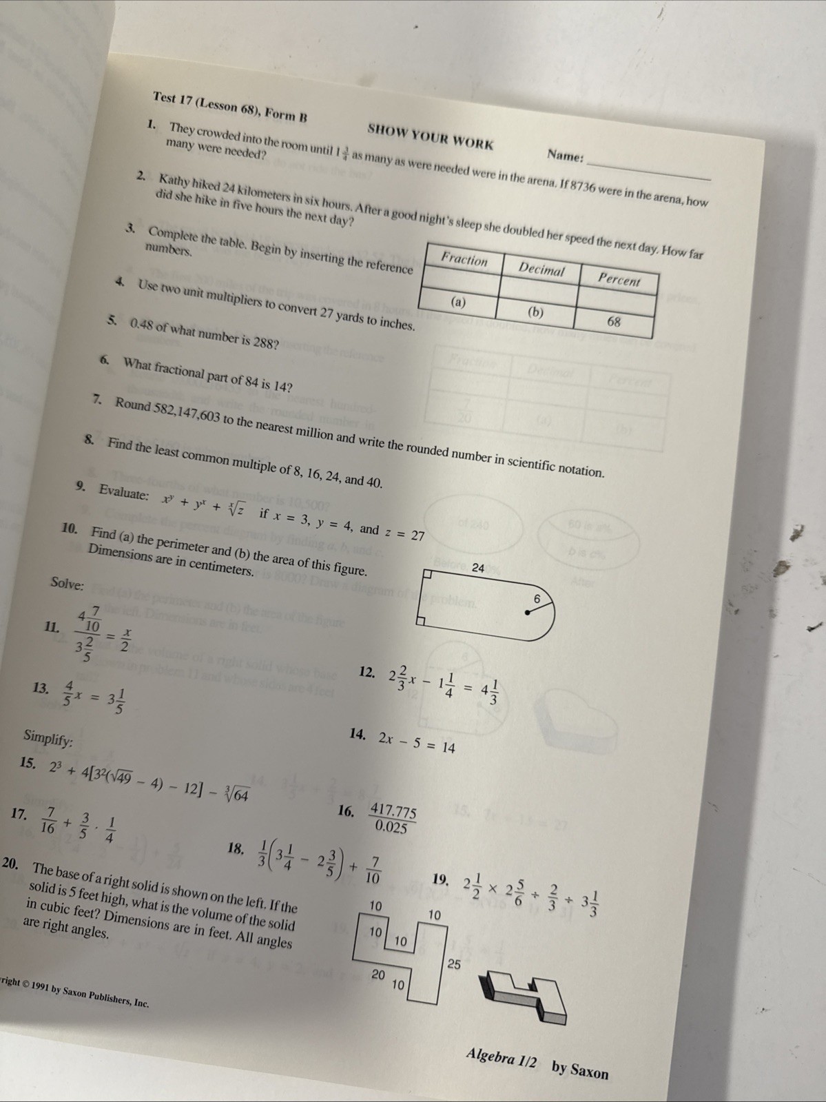 Saxon Algebra 1/2 (2nd ed) TEST MASTERS, Rare Find, Second Edition, Tests/quiz