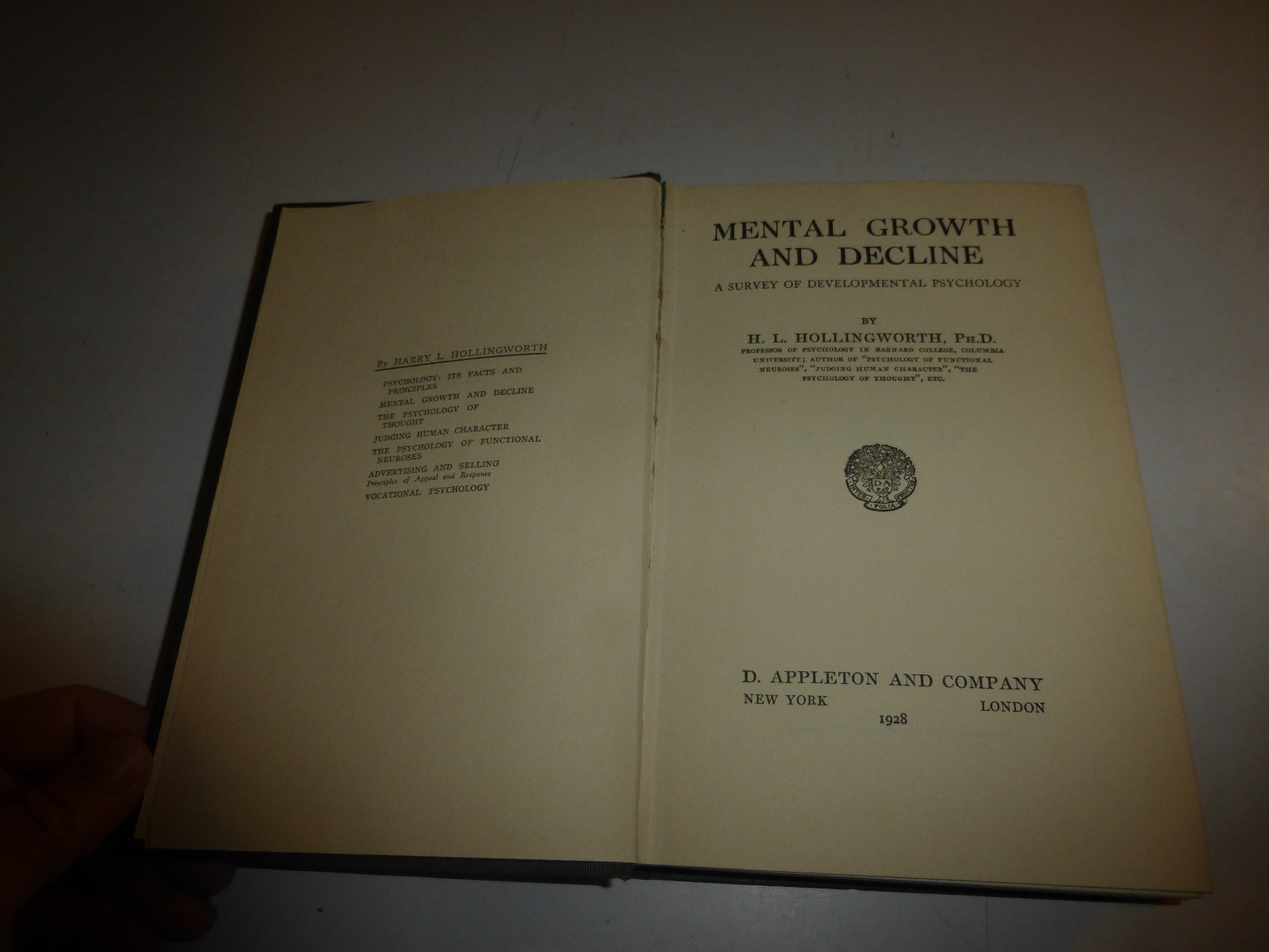 Mental Growth and Decline,Developmental Pychology,H.L. Hollingworth, HB 1928,165