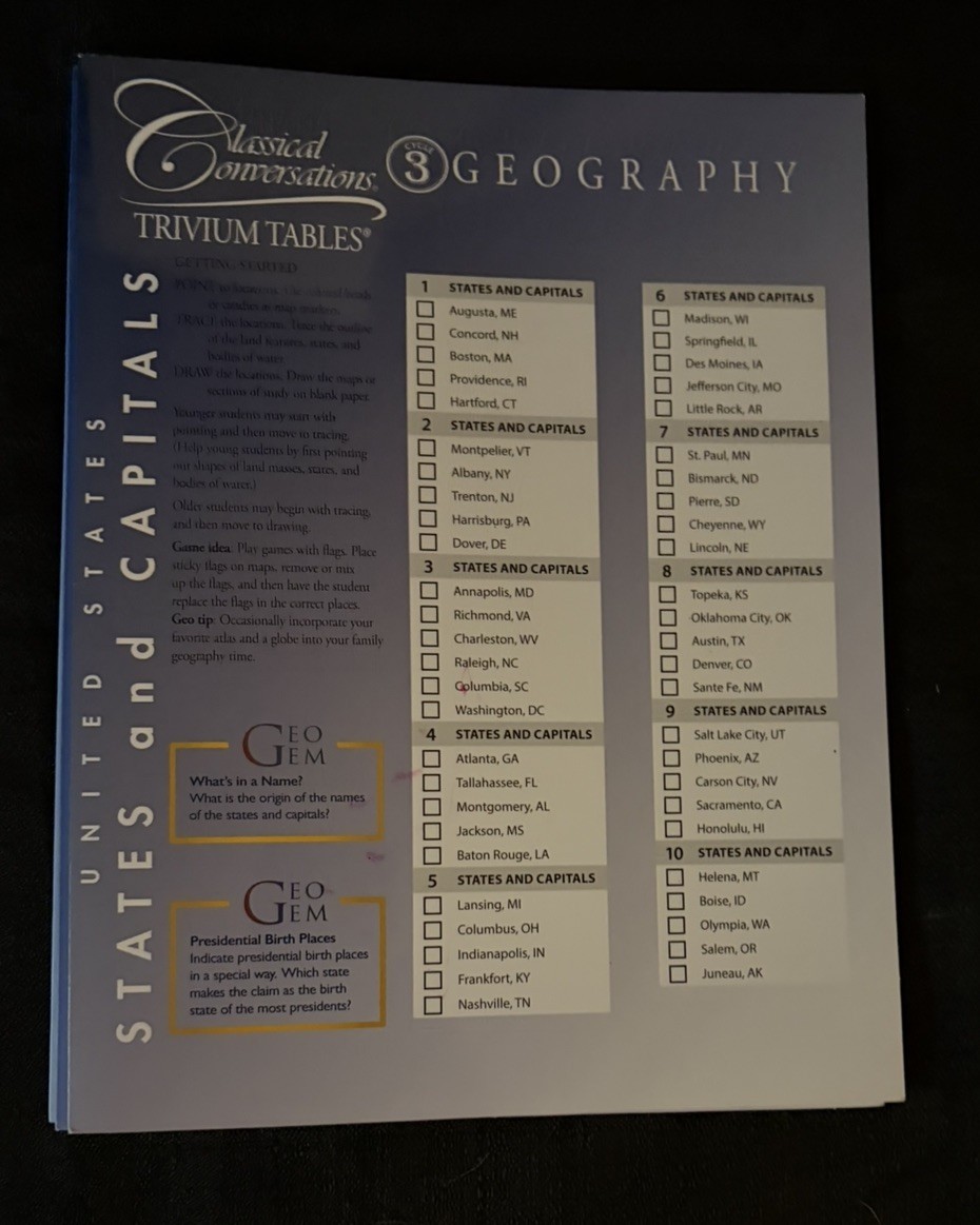 Classical Conversations Geography Trivium Tables Cycles 1-3 Africa/Europe/USA