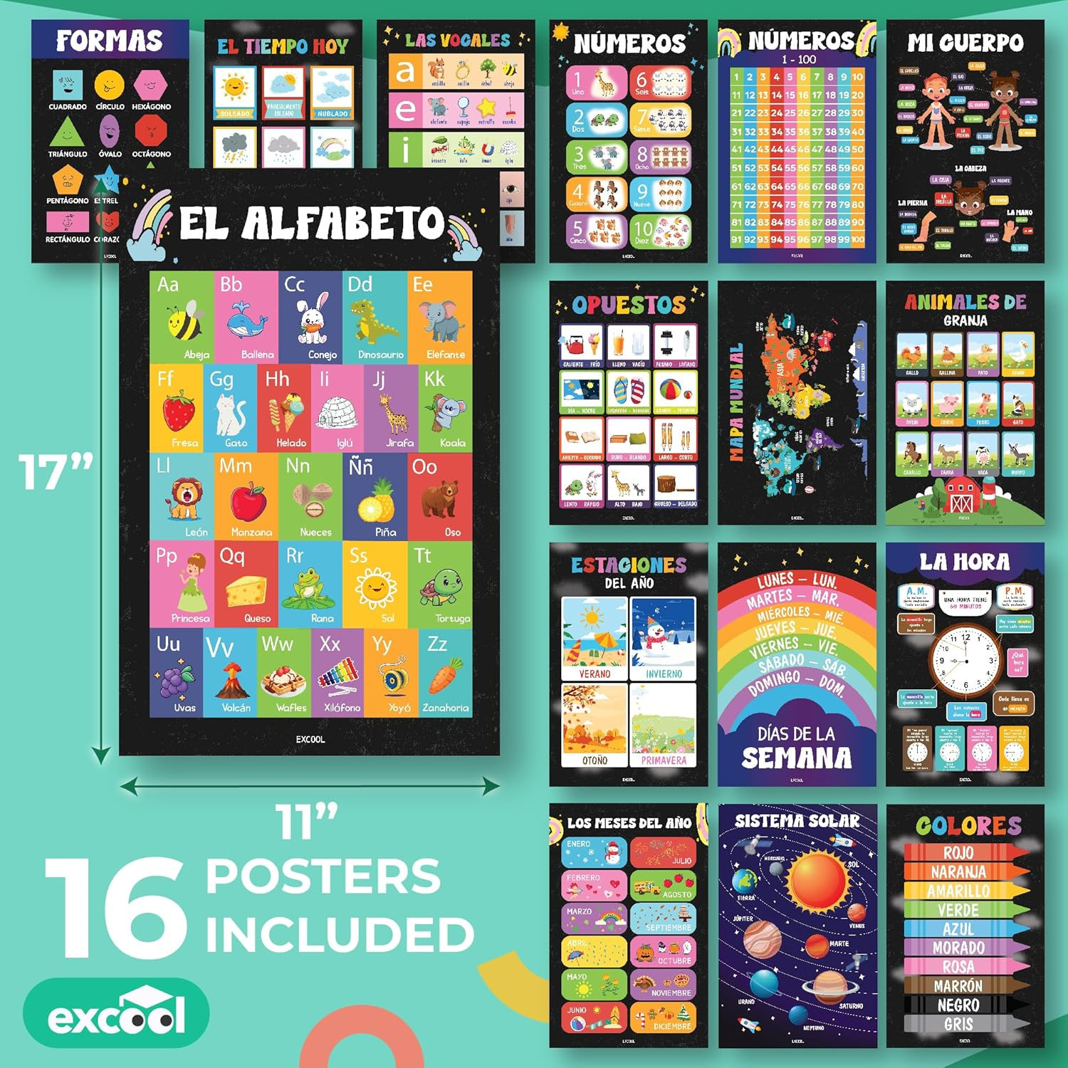 16 Spanish Classroom Posters for Elementary – Chalkboard Bilingual Educational P