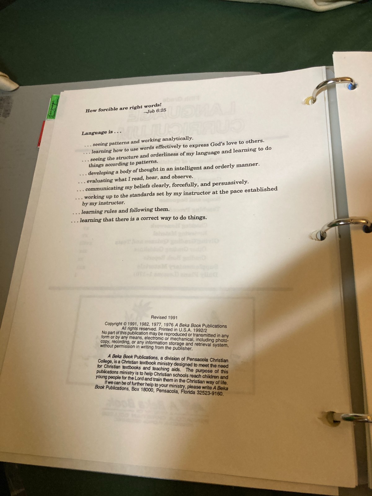 Abeka Language Arts 5 Curriculum Lesson Plans (1991) used