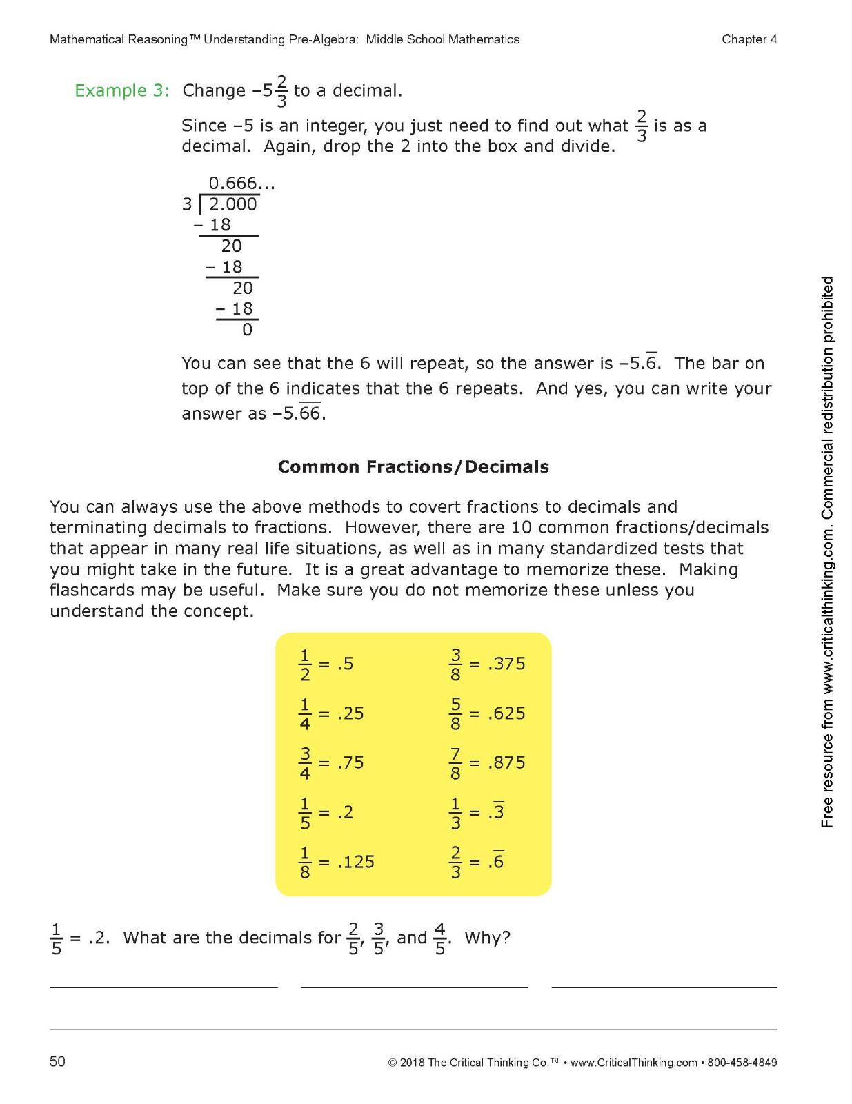Understanding Pre-Algebra Middle School Mathematics Workbook for 6th-8th Grade