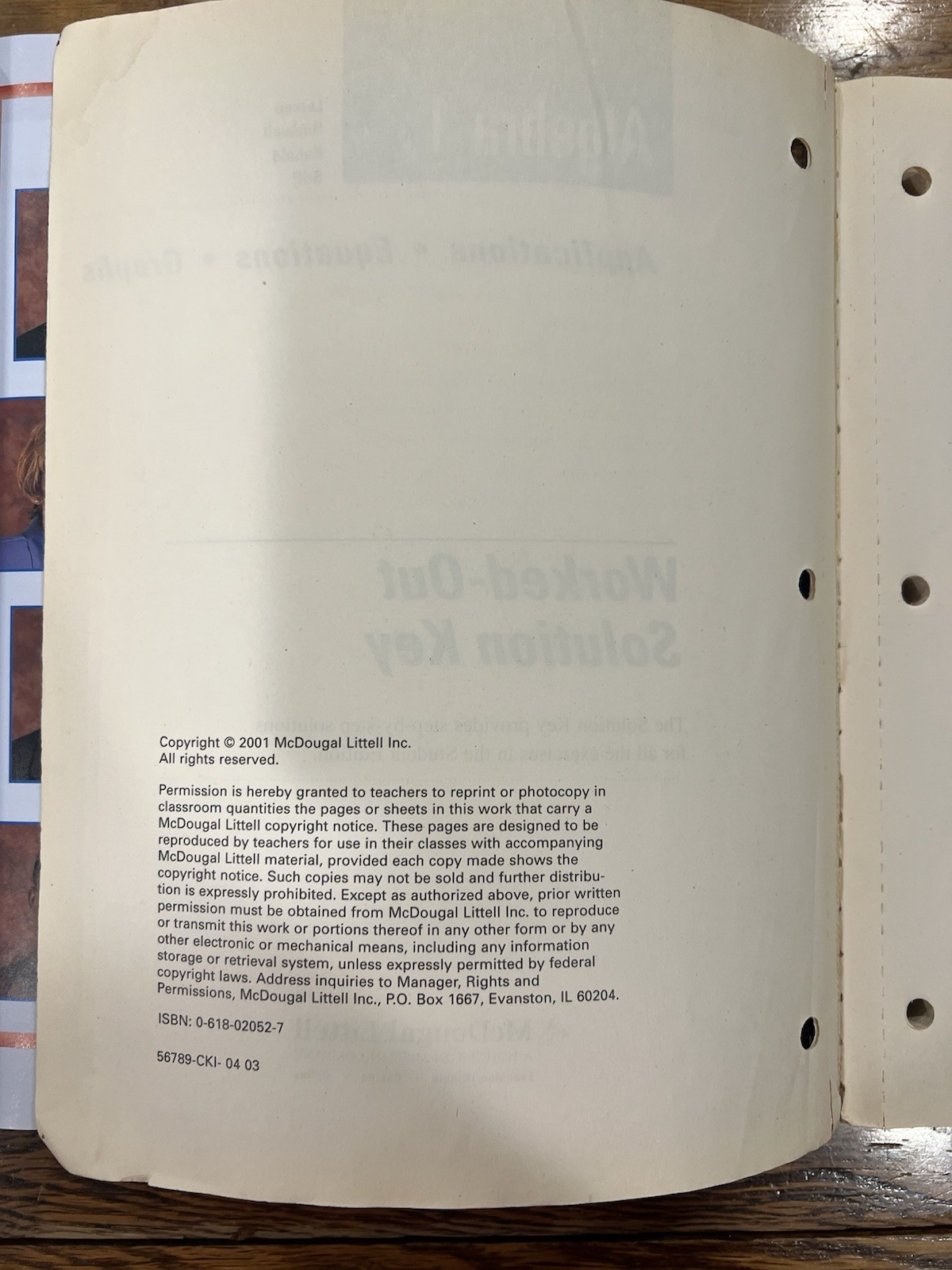 McDougal Littell Algebra 1 SET – 2004 Textbook & 2001 Worked-Out Solution Key
