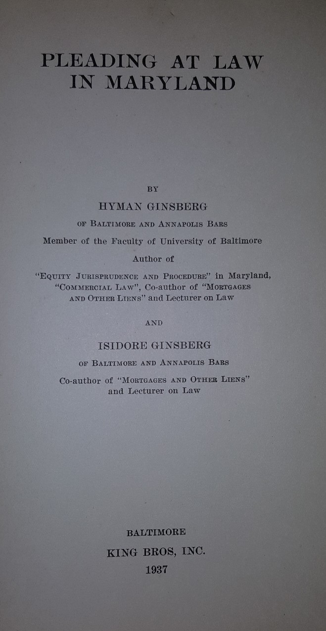 Pleading at Law in Maryland Ginsberg and Ginsberg 1937