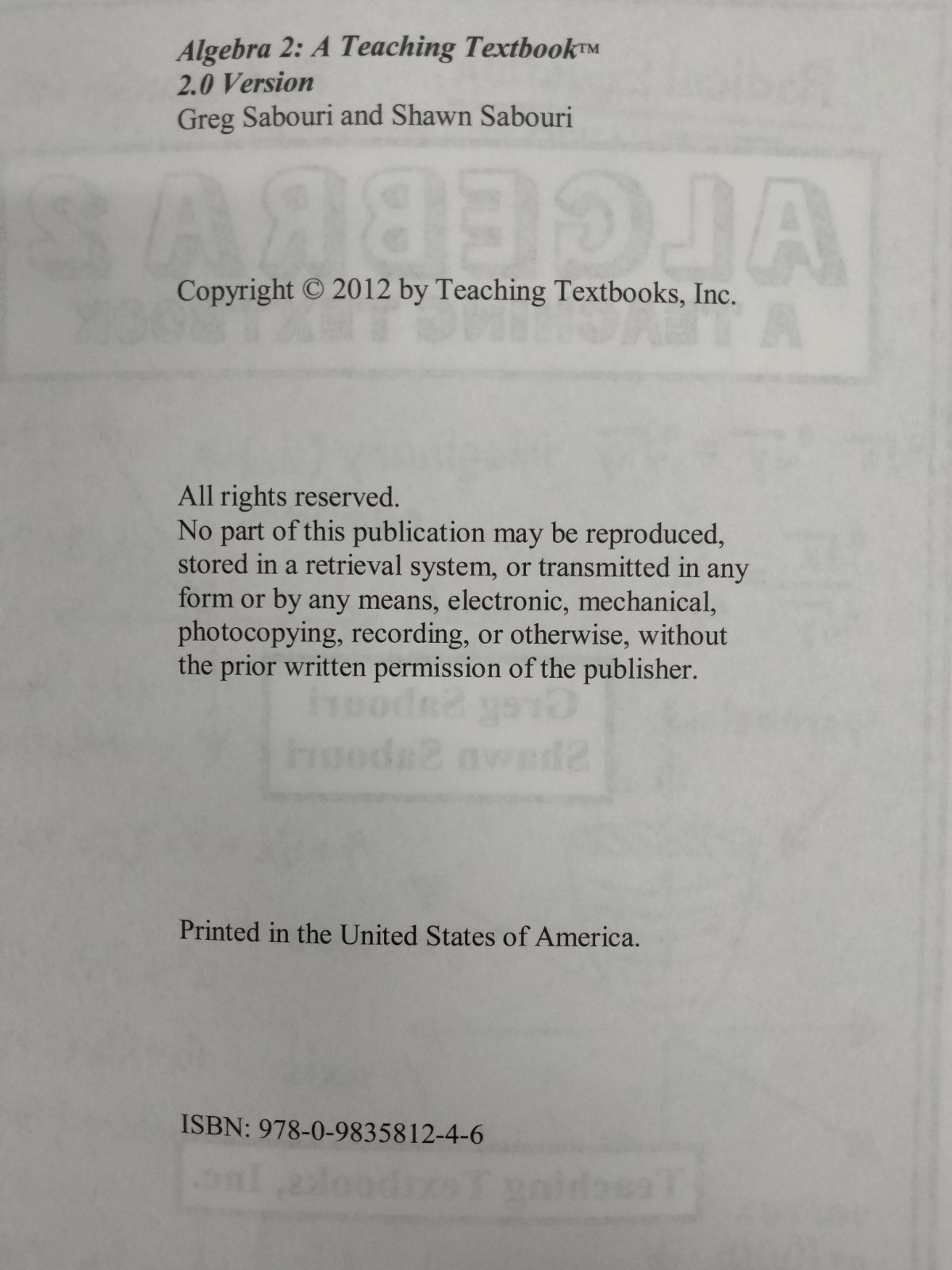 Teaching Textbooks Algebra 2 Version 2.0