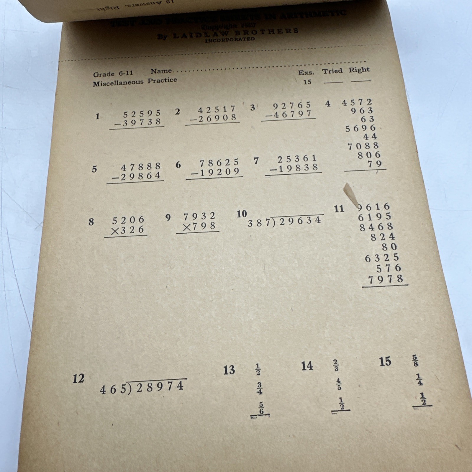 Lennes Test Practice Sheets Arithmetic Grade Six Laidlaw Schoolbook (37-26)
