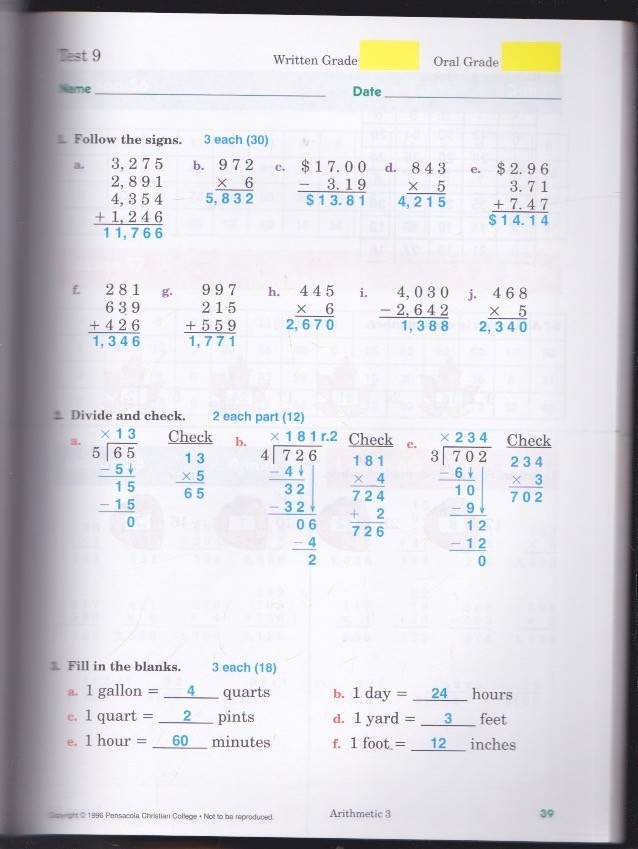 abeka: Arithmetic 3 Tests & Speed Drills – Teacher Key 3d Ed. 2003 LN