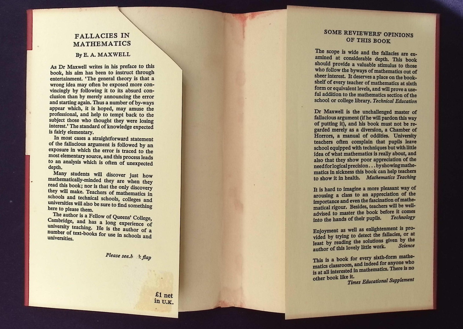 Fallacies in Mathematics by E. A. Maxwell, 1969 Cambridge University Press, HB