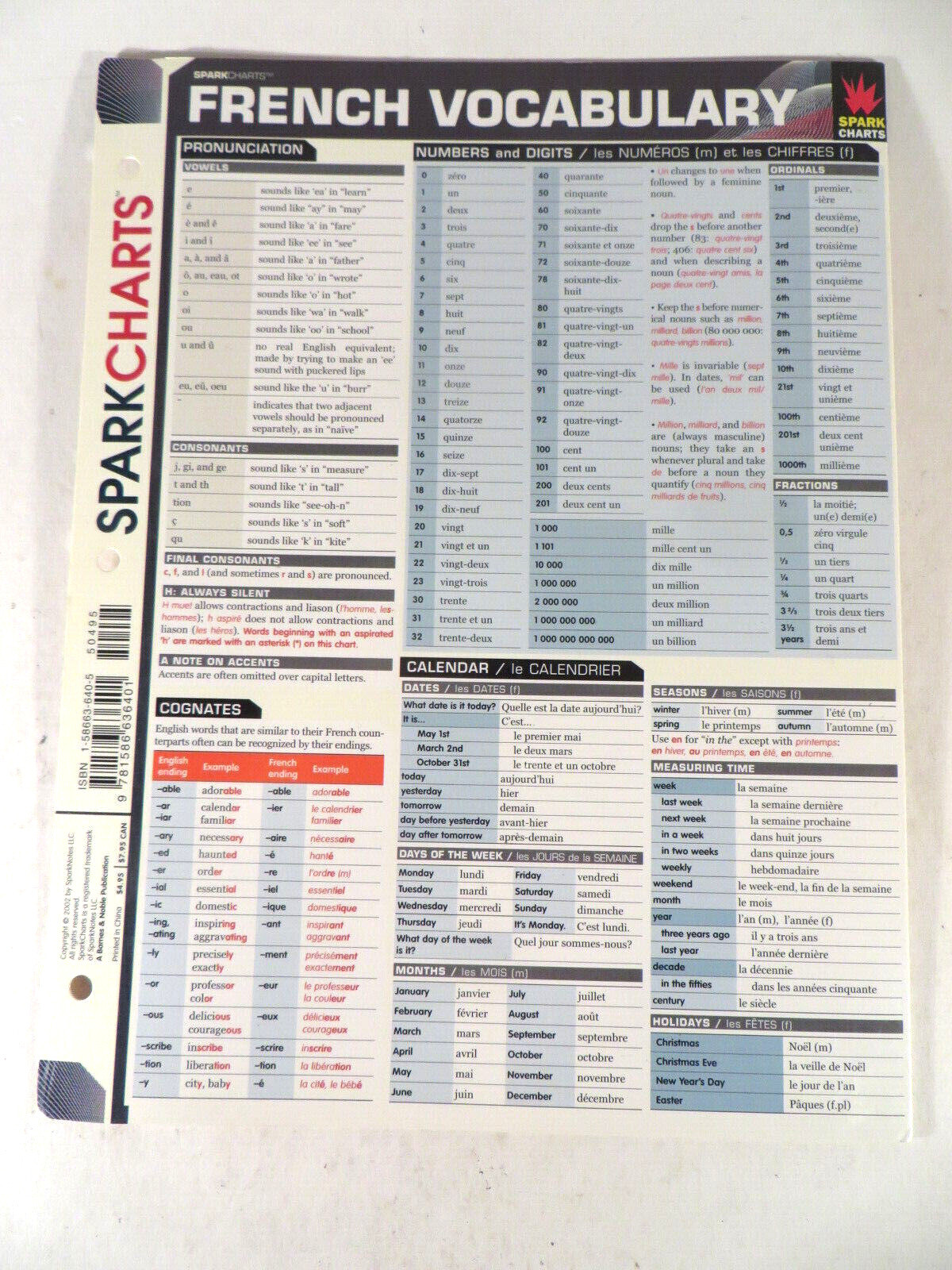 Educational Study Guides Spark Charts Laminated English & French