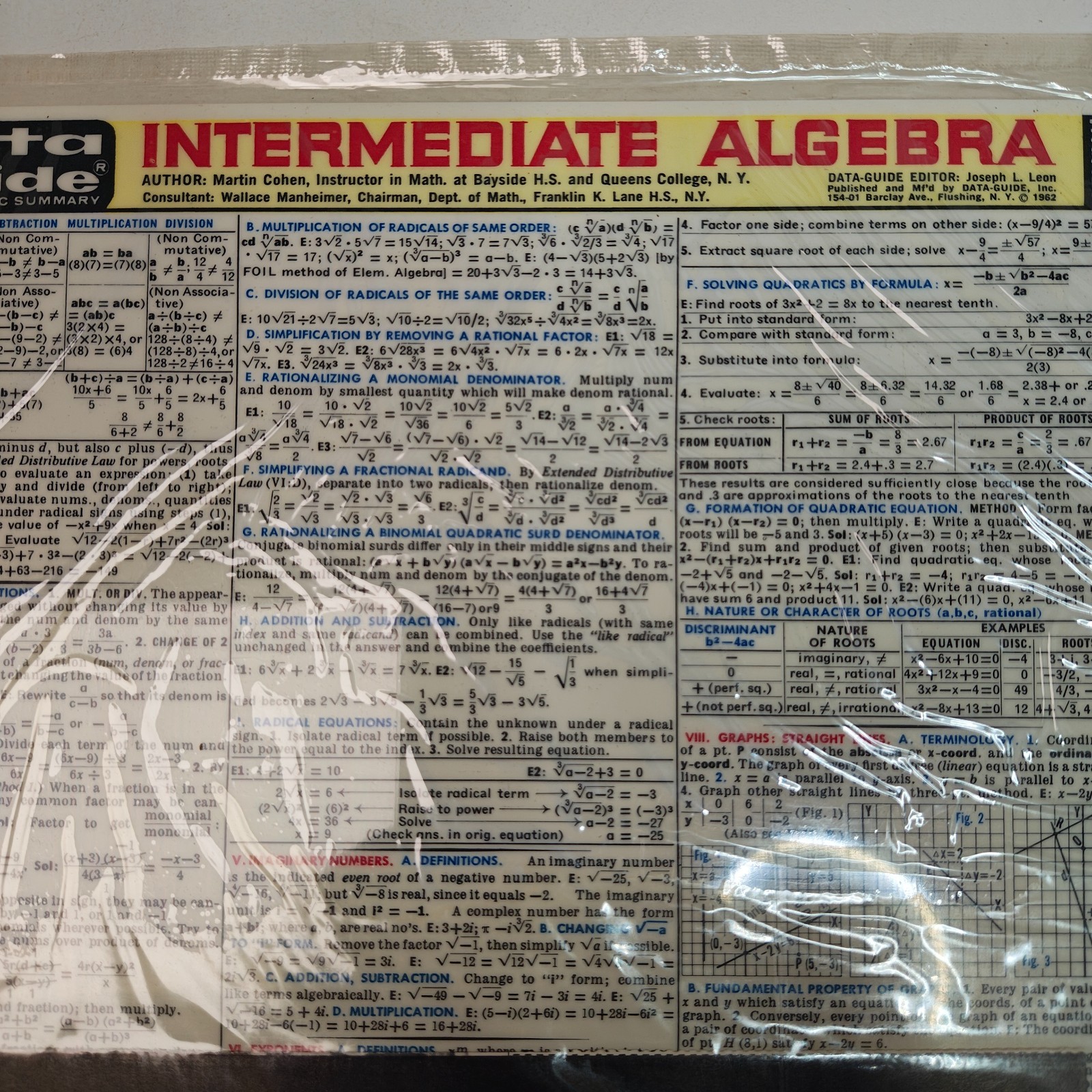 Intermidiate Algebra Data-Guide Quick Chart Plastic Reference Sheet Vintage 1963