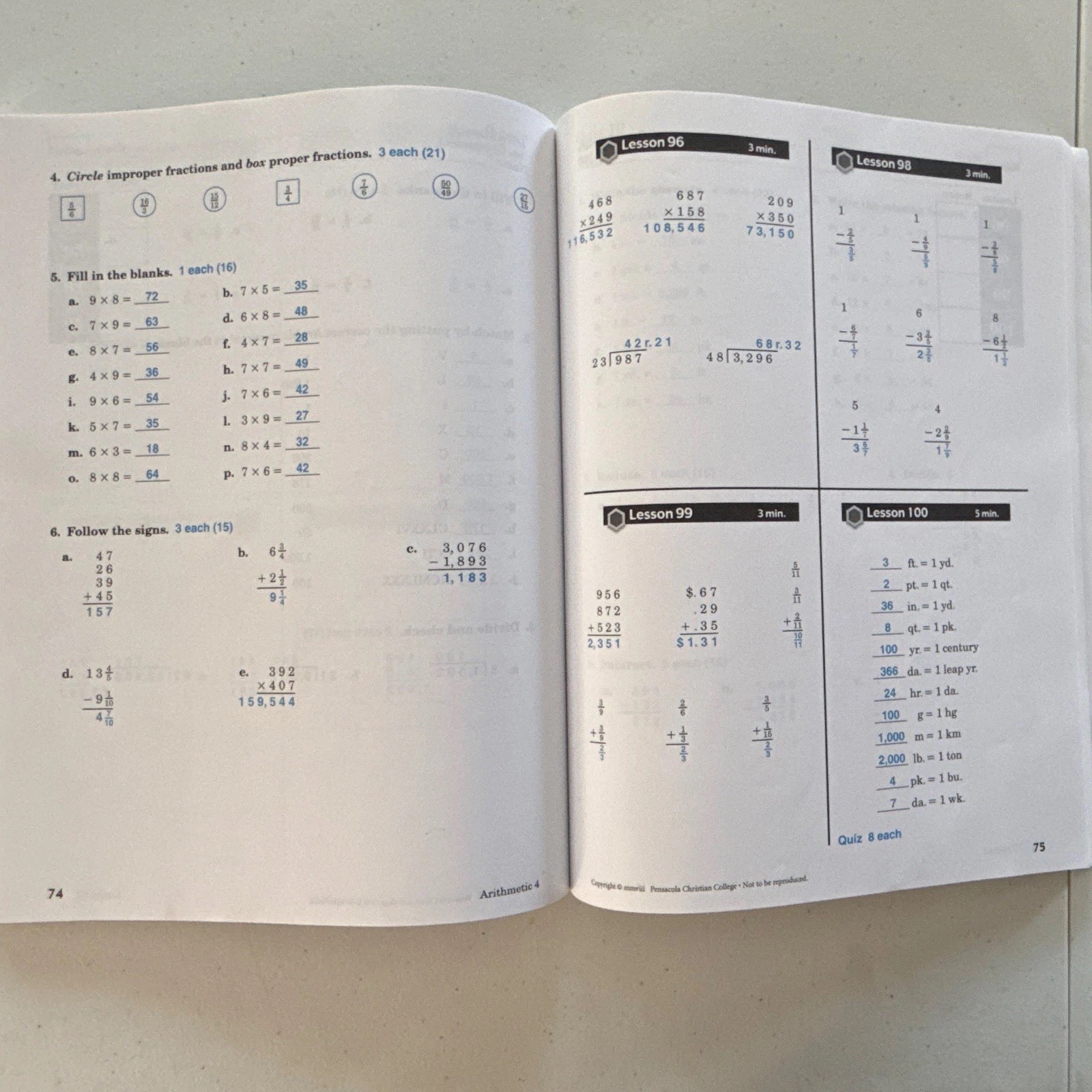4th grade A Beka Arithmetic 4 Tests and Speed Drills 4th edition Teacher Key