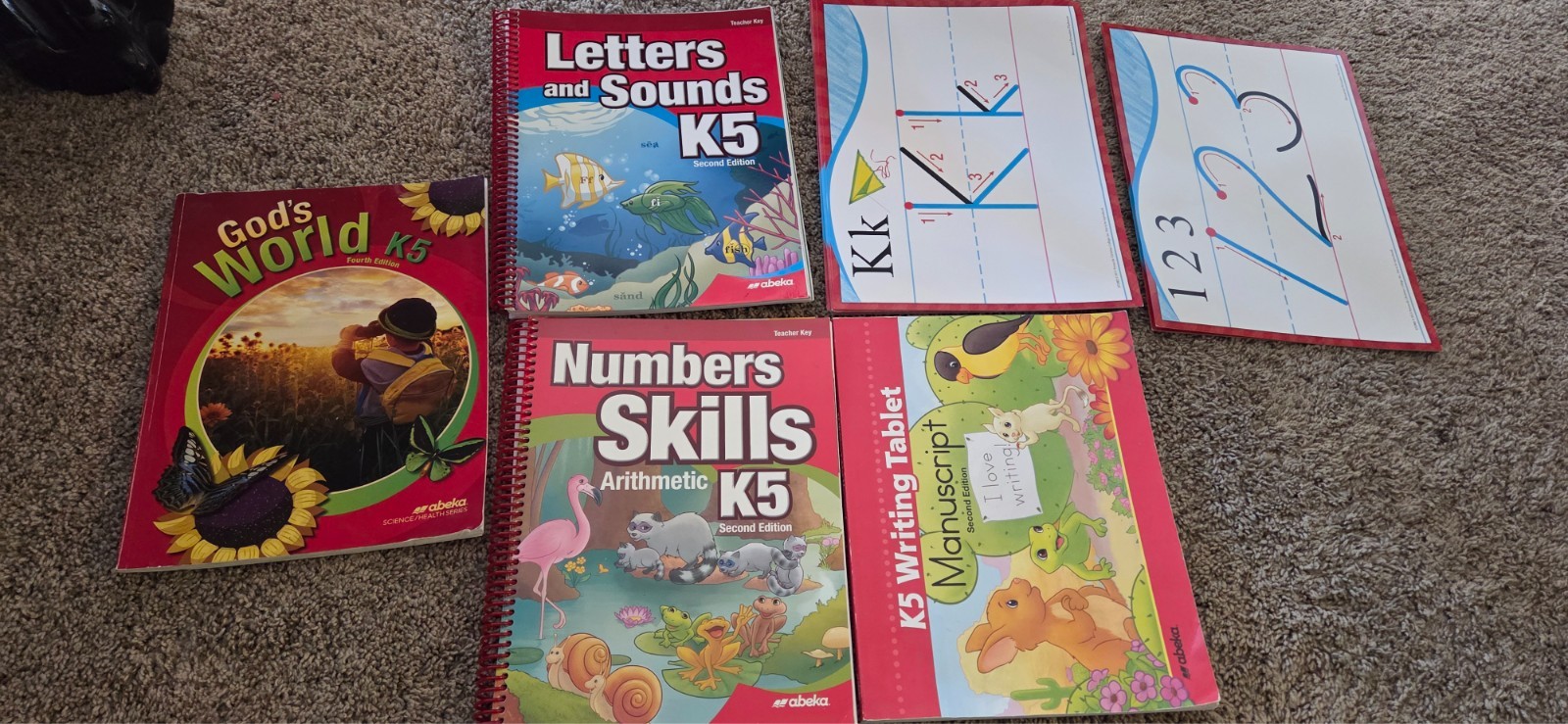 k5 abeka teacher keys, writing tablet, science textbook, alphabet and number…