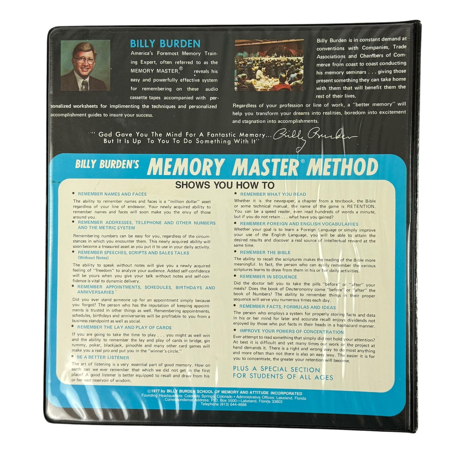 Billy Burden’s Memory Master Method Study Guide & Audio Cassettes 1976 Vintage