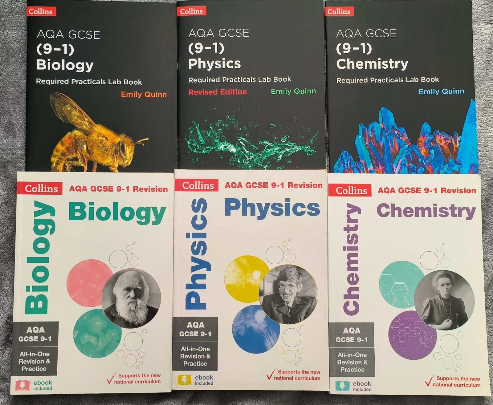 Collins AQA revision guides for GCSE triple science Biology, Physics, Chemistry