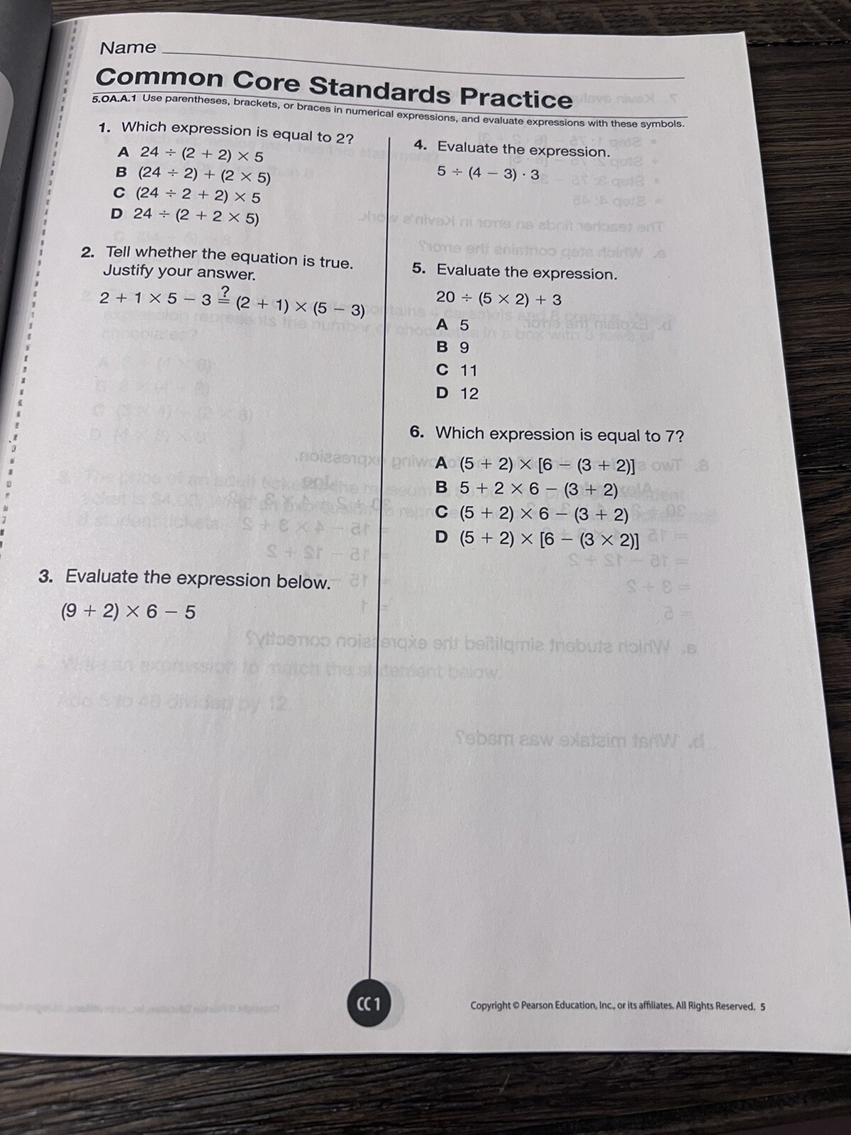 Common Core Standards Math Practice Workbook Grade 5 by Scott Foresman / Pearson