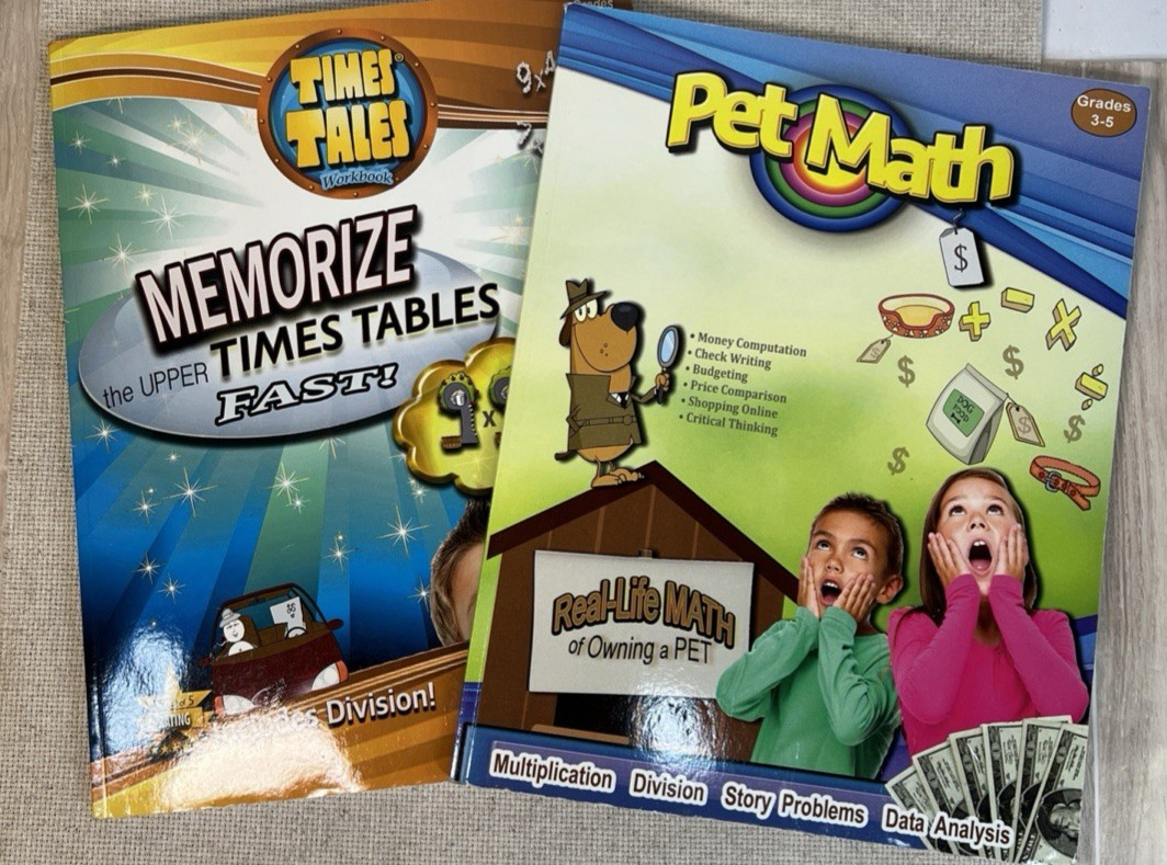 Kids Math Workbooks Lot of 2 Grades 3-5 Time Tails Pet Math Homeschool Tutoring