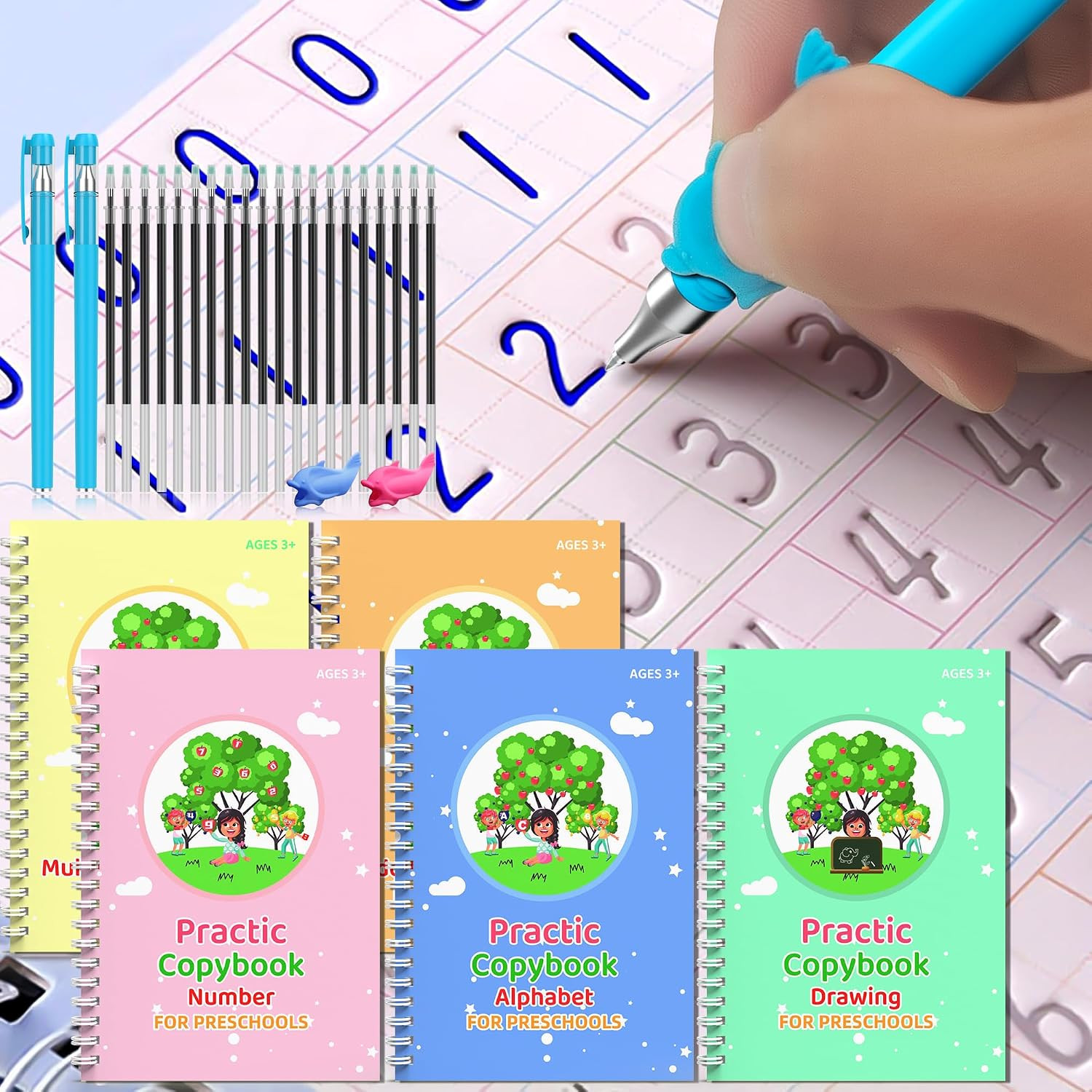 Magic grooved Writing Practice Books Great for Beginners, 5 Books, 2 pens, 2 Pen