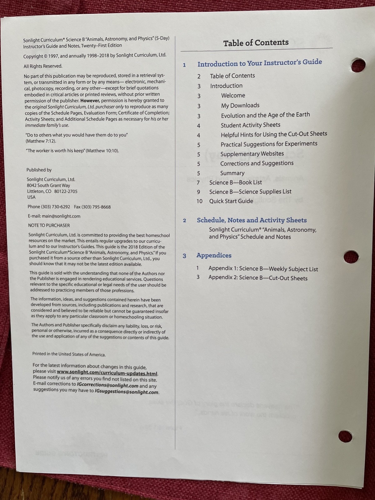 Sonlight Science B Instructor’s Guide schedule, 5-Day