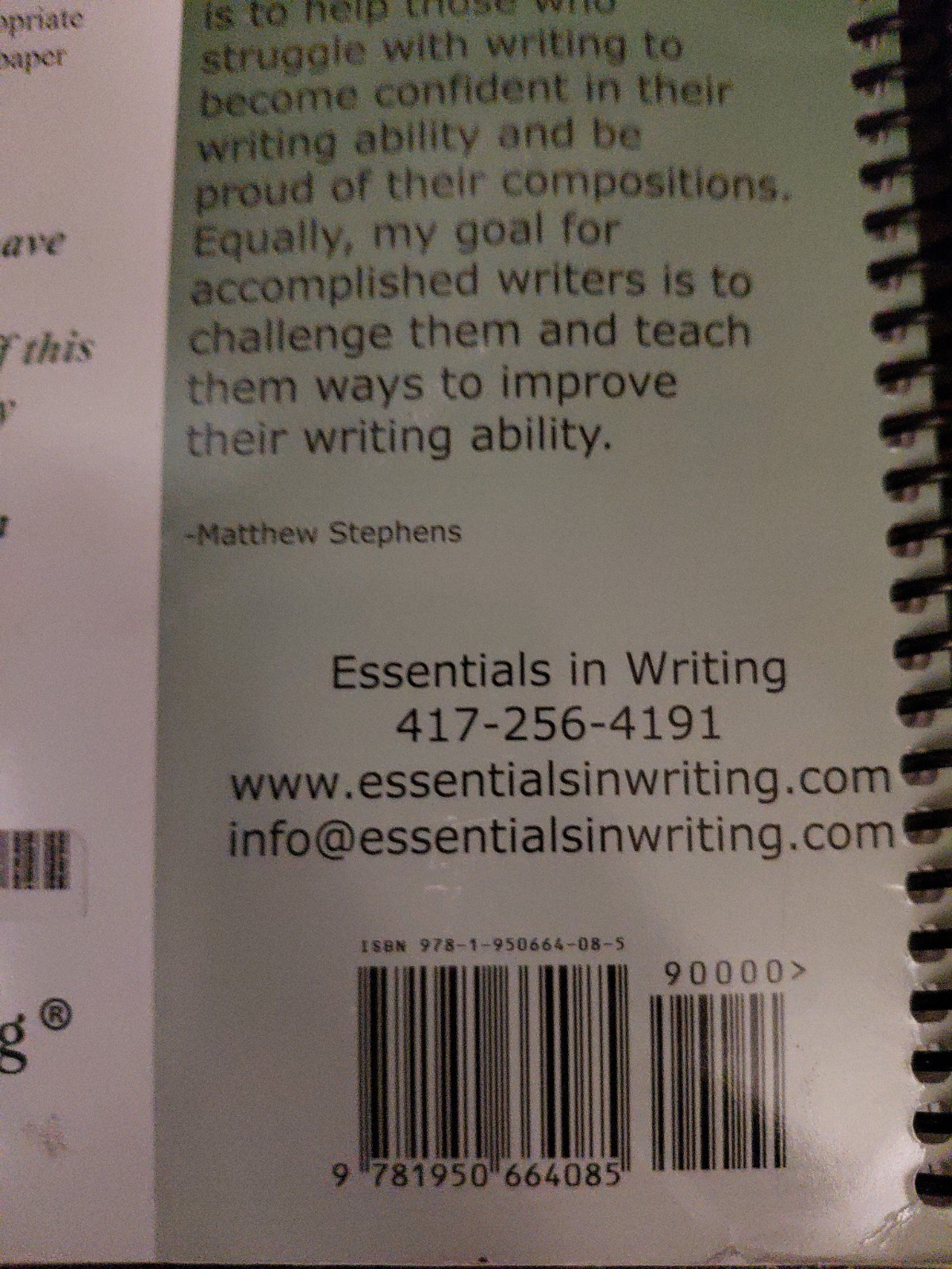 Essentials in Writing Level 9 Textbook by Matthew Stephens (2011, Spiral)