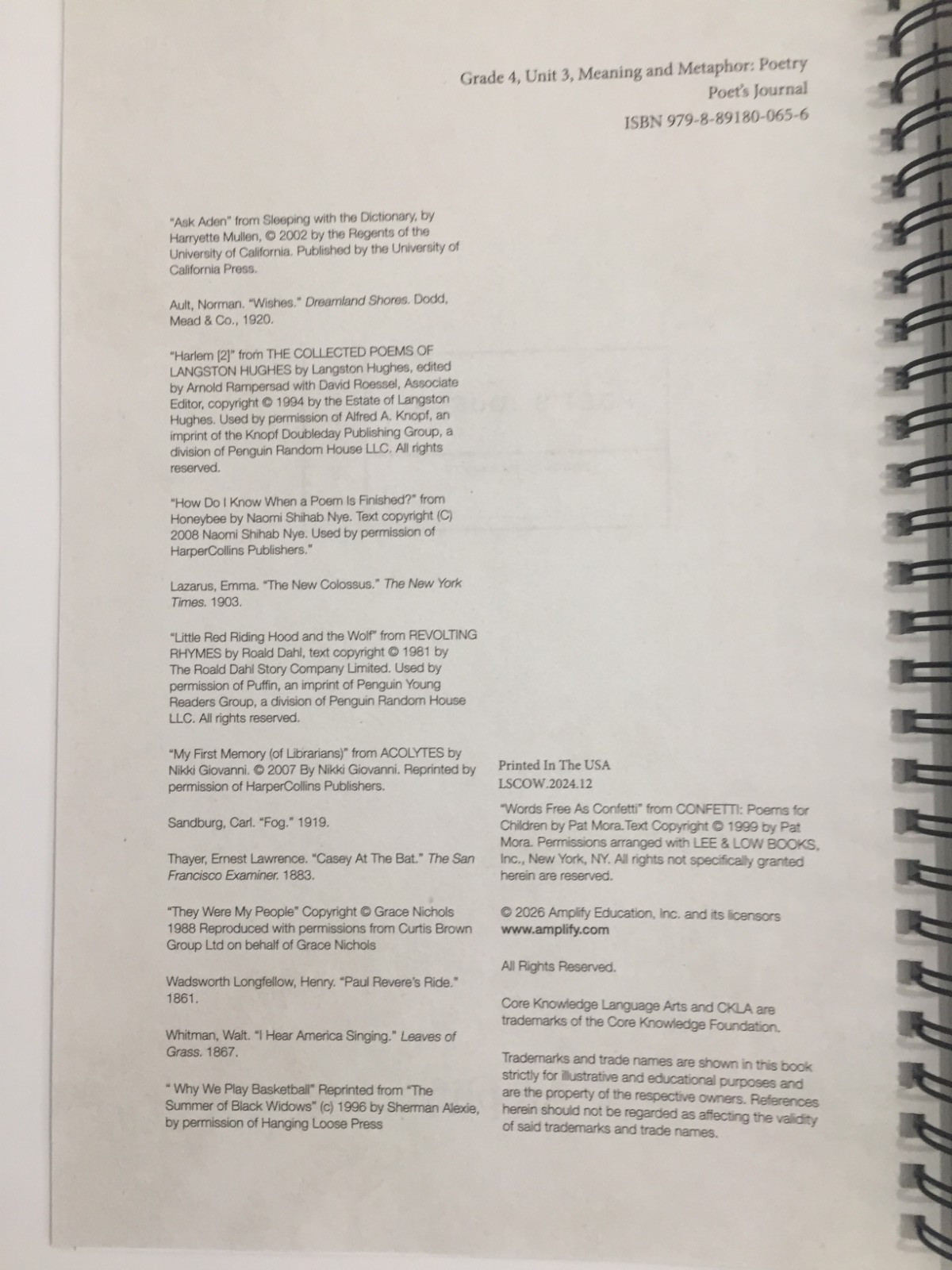 Amplify Core Knowledge Language Arts Poet’s Journal Grade 4 Unit 3 Book