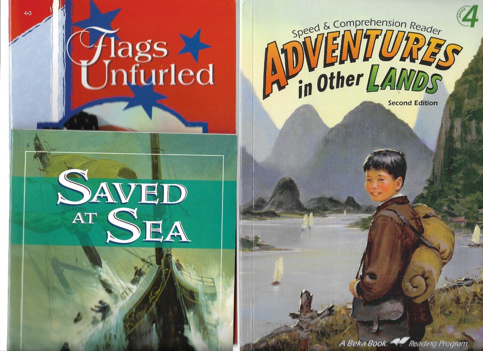 3 A Beka Grade 4 Reading Books Saved At Sea / Flags Unfurled / Adventures Lands