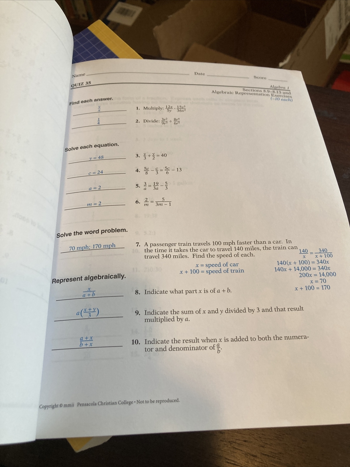 A Beka Book ALGEBRA 1 Solution Key Second Edition. And Algebra 1 Test/Quiz Key