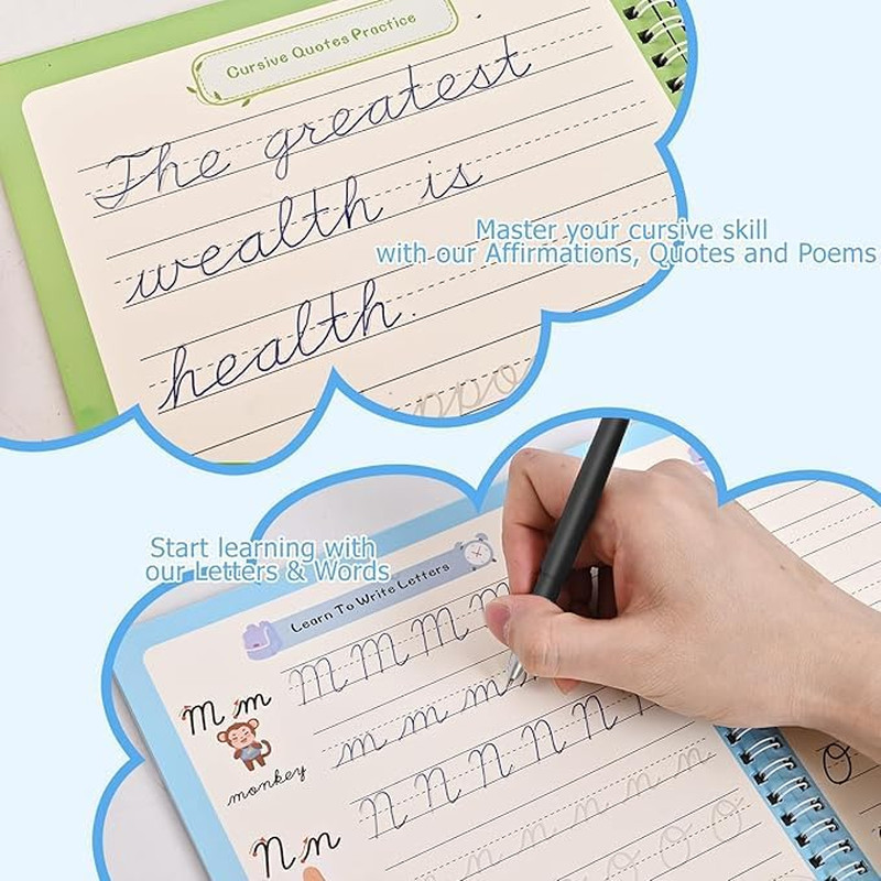 2 Pack Grooved Cursive Handwriting Workbook,Reusable Handwriting Practice Copybo