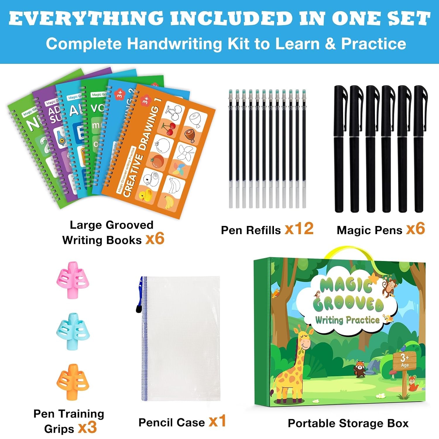 Magic Grooved Writing Practice Book for Kids Ages 3–8, 6 Reusable Handwriting
