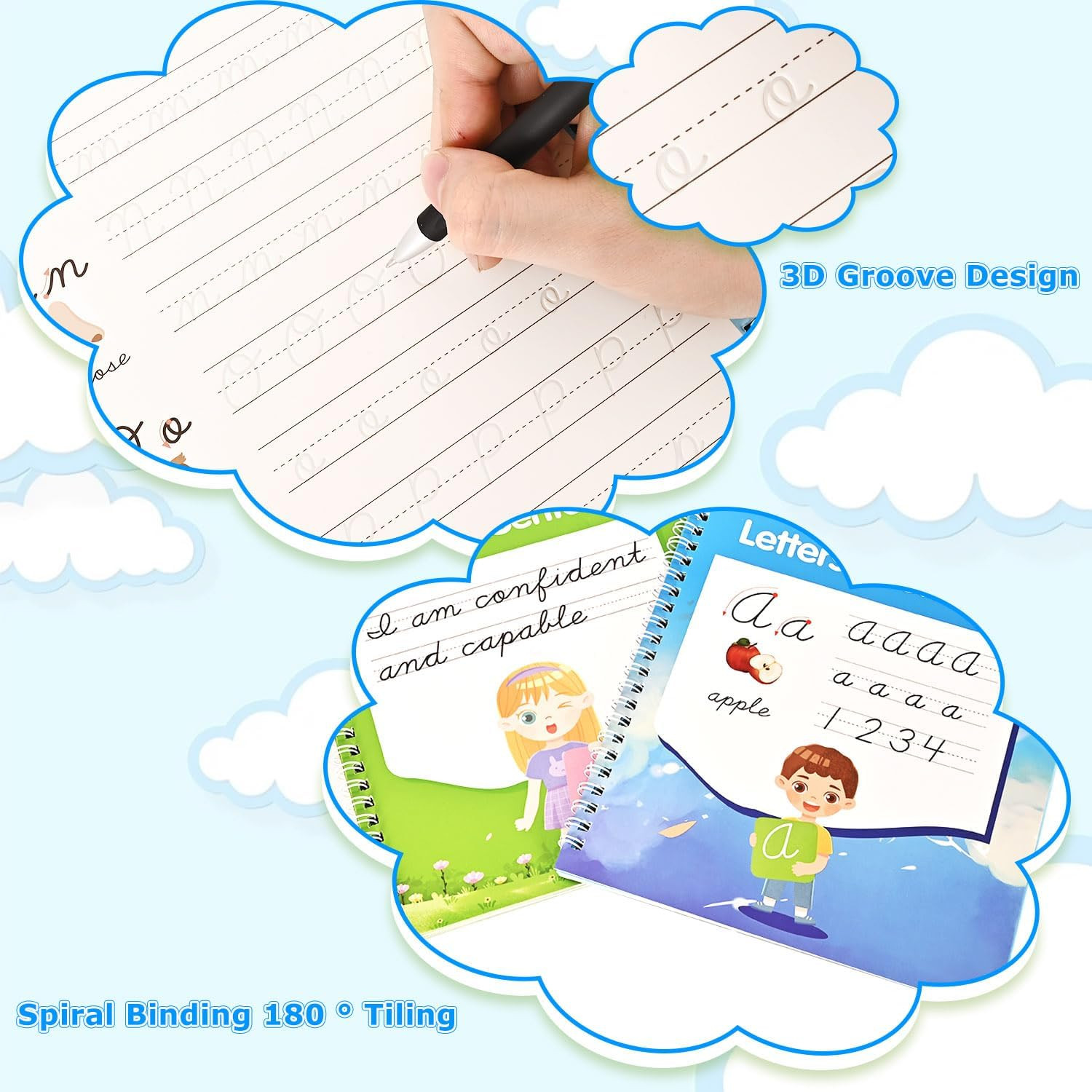 2 Pack Grooved Cursive Handwriting Workbook,Reusable Handwriting Practice Copybo