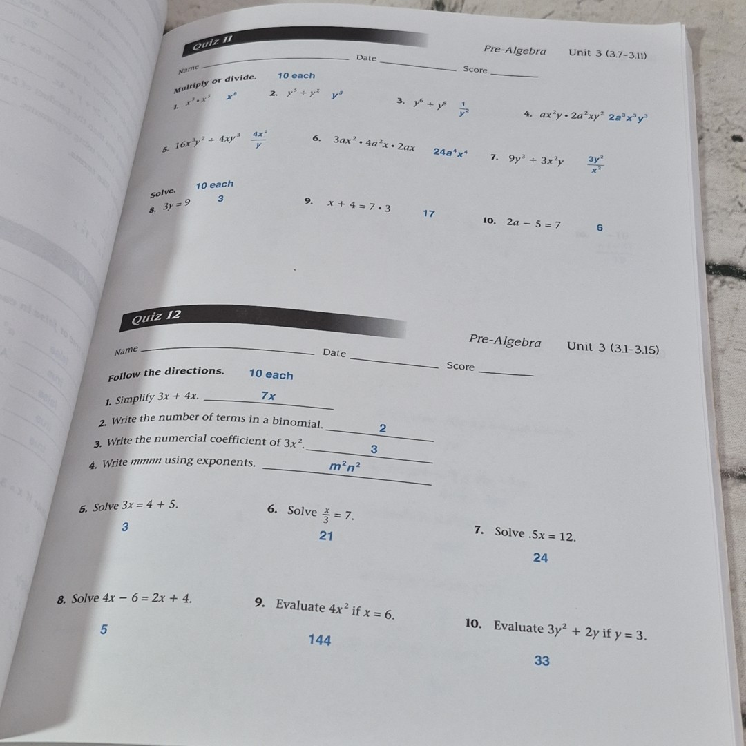 A Beka Book Abeka Pre Algebra Basic Mathematics II Grade 8 Teacher Test Quiz Key
