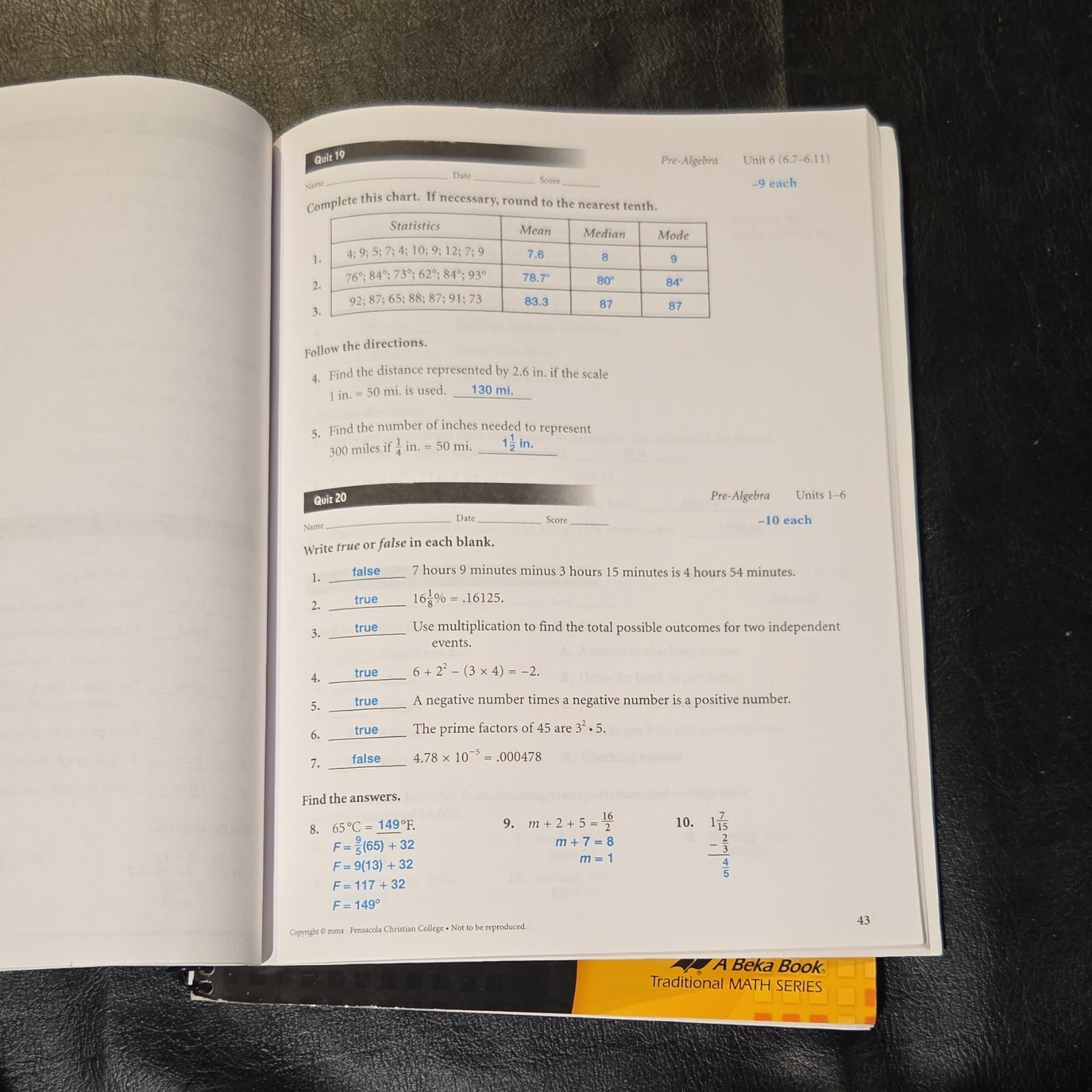 Abeka Traditional Math Pre-Algebra Solution Key Quiz/Test Teacher’s Edition