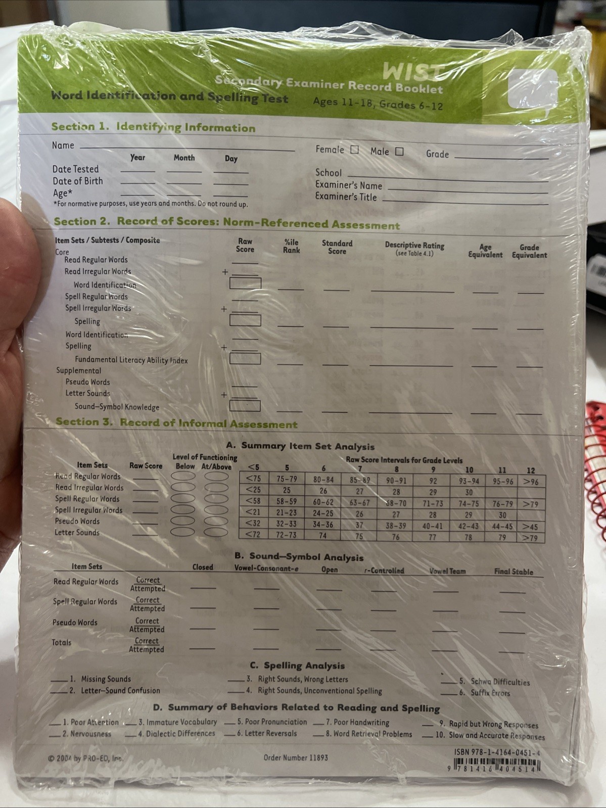 WIST Secondary Examiner Record Booklet, Ages 11-18, Grades 6-12
