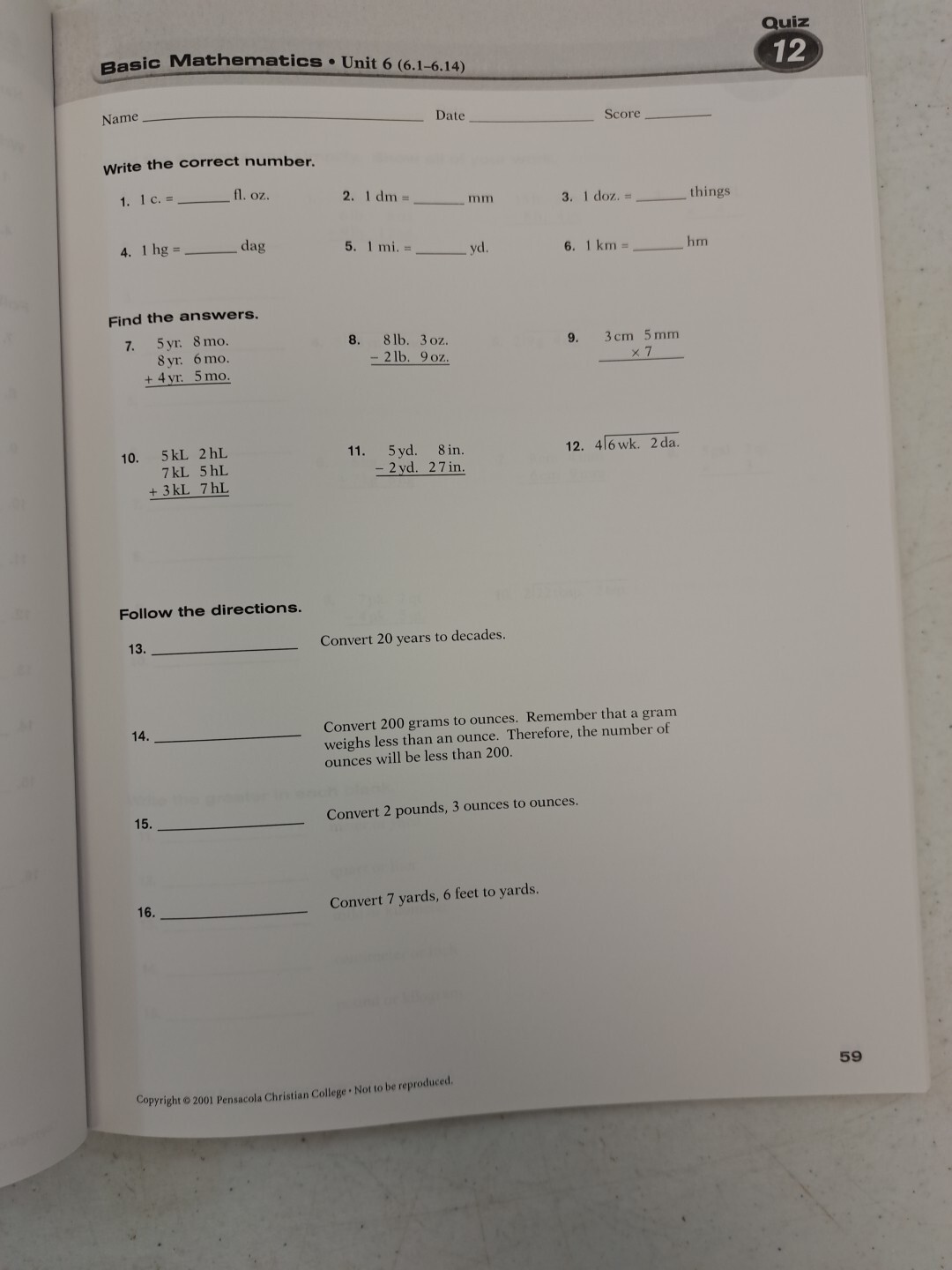 2 Books-Abeka Basic Mathematics-Tests Quizzes-Teacher Key