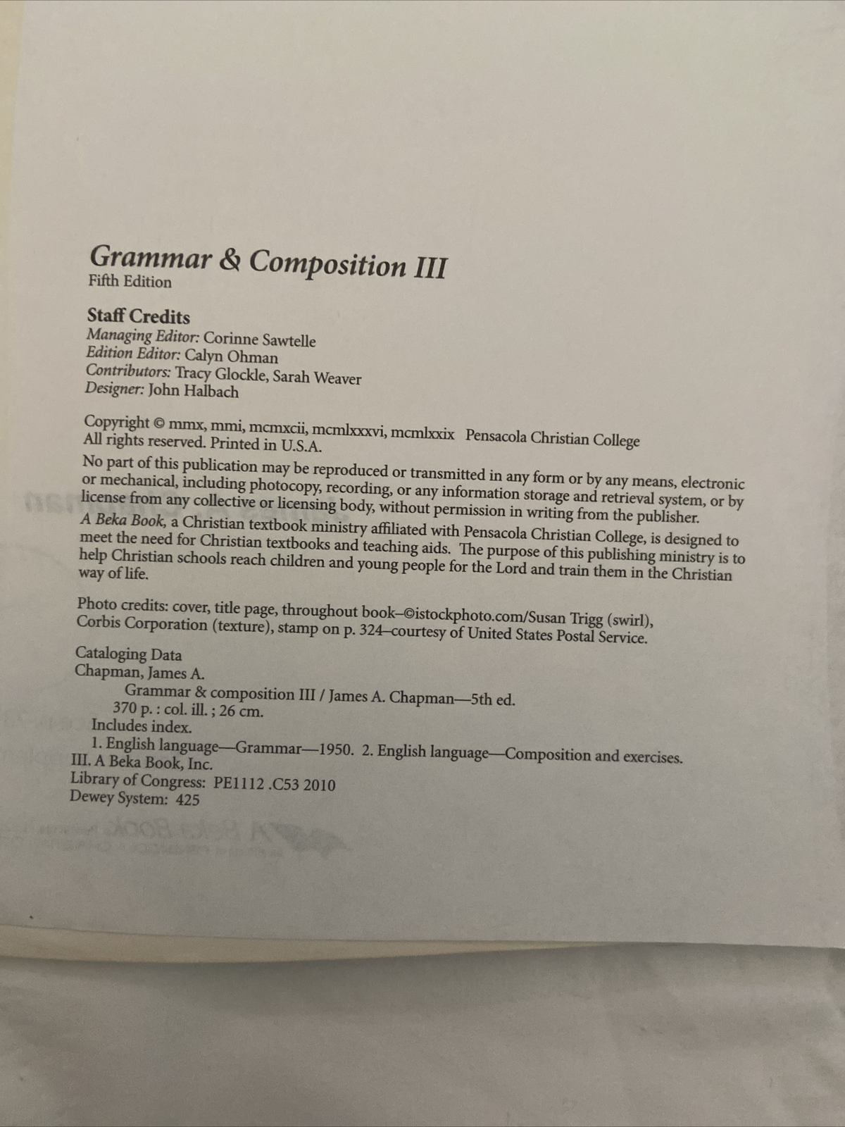 A Beka Grammar & Composition Work Text III Teacher Key 5th ed Very Good