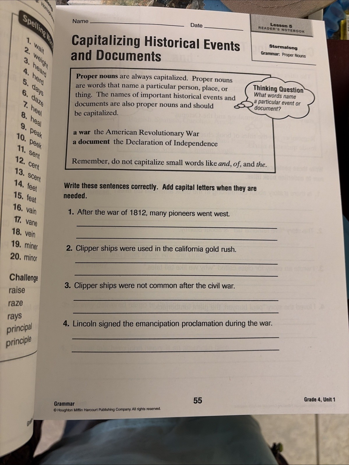 Journeys : Reader’s Notebook Grade 4 Houghton Mifflin Harcourt UNMARKED