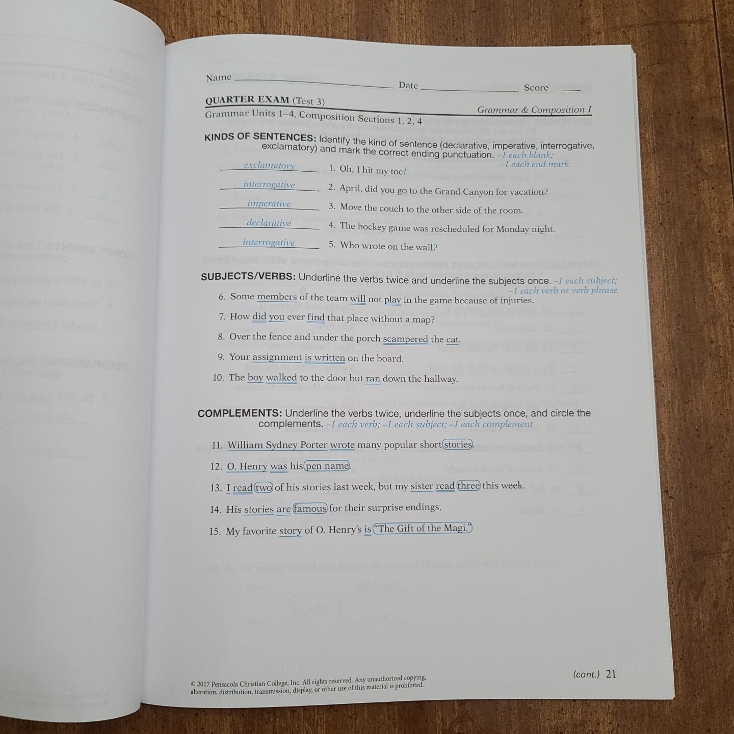 Abeka Grammar & Composition 1 Sixth Edition Teacher Quiz/Test Key