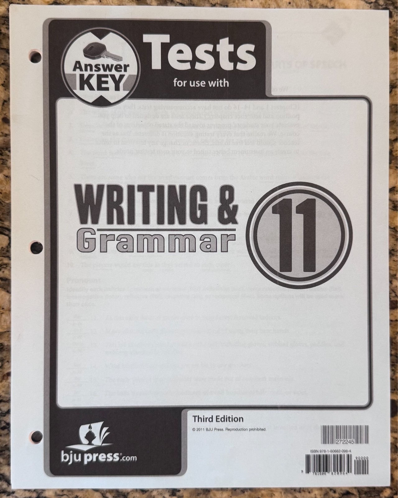 BJU Press Writing & Grammar 11 TESTS ANSWER KEY 3rd Edition Looseleaf pages