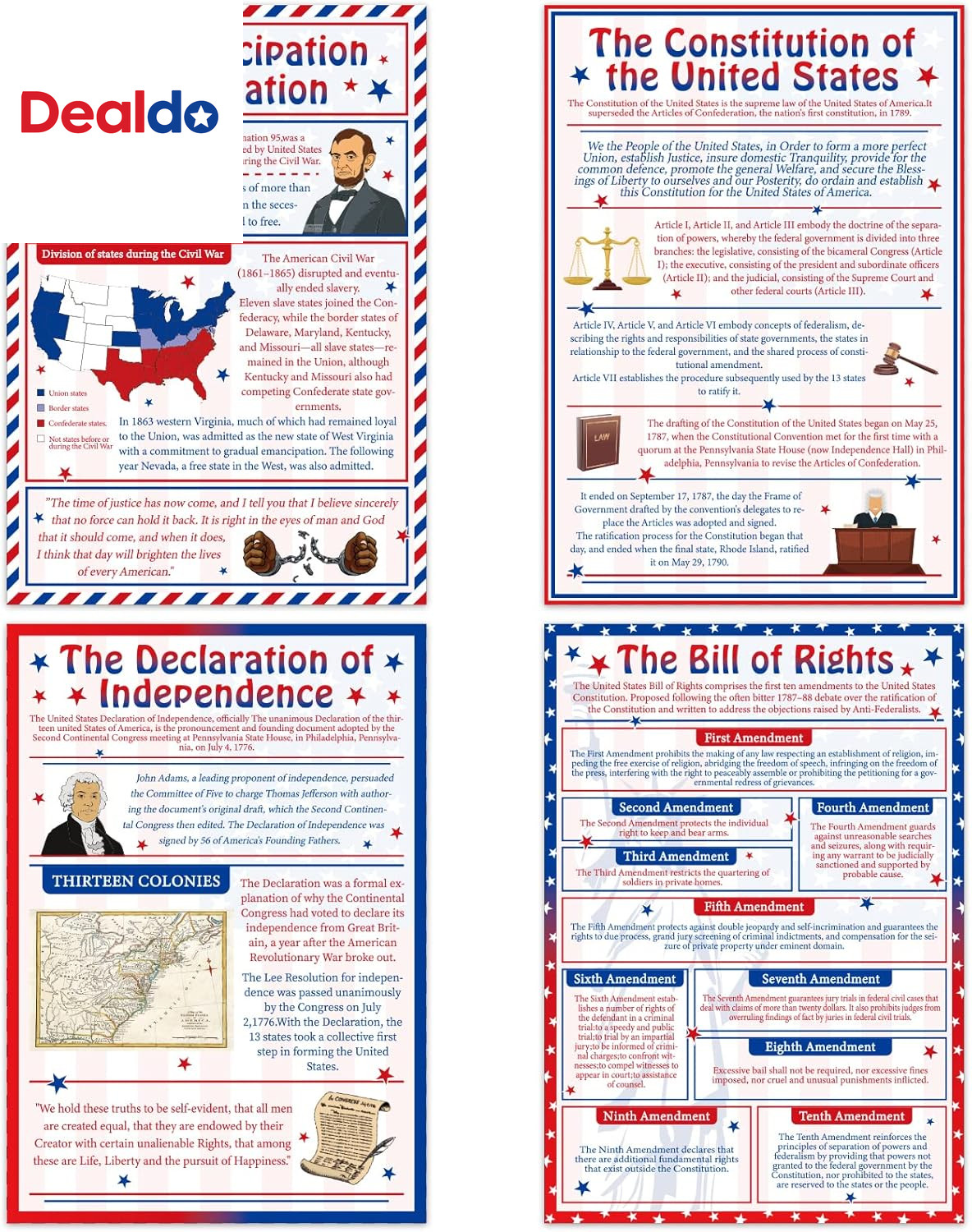 4 Pcs Important Documents from US History Poster Set Social Studies Classroom De